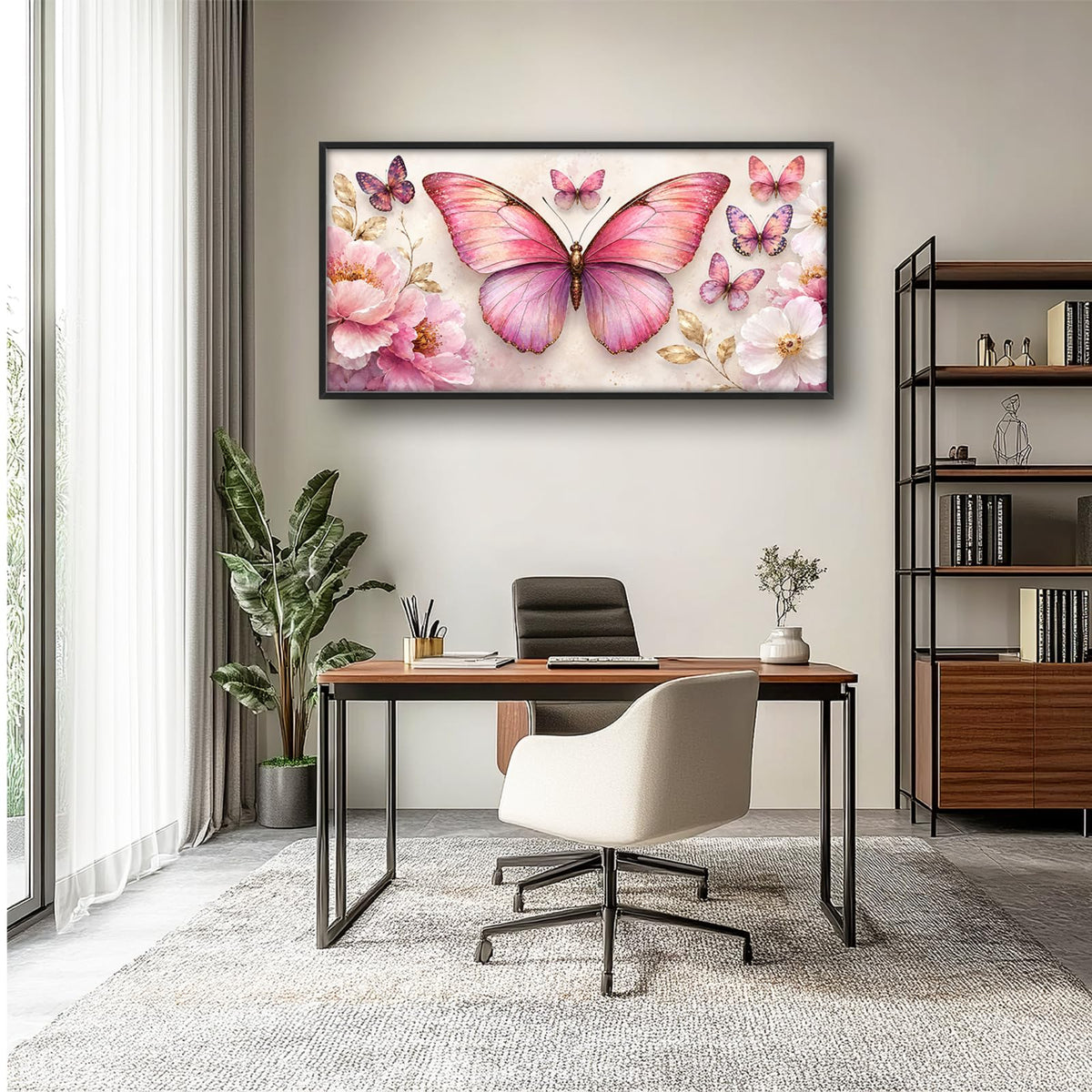 Pink Butterfly Large Wall Art Floral Flower Wall Decor Canvas Framed Pictures Painting Artwork For Living Room Bedroom Office 30"X60" (Pink Butterfly / 60"L x 30"W)
