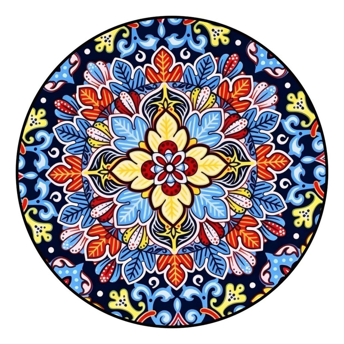 Round Area Rugs 4 FT Washable Non Slip Circle Rug (Navy Blue Folk Mandala / 4' (Round))