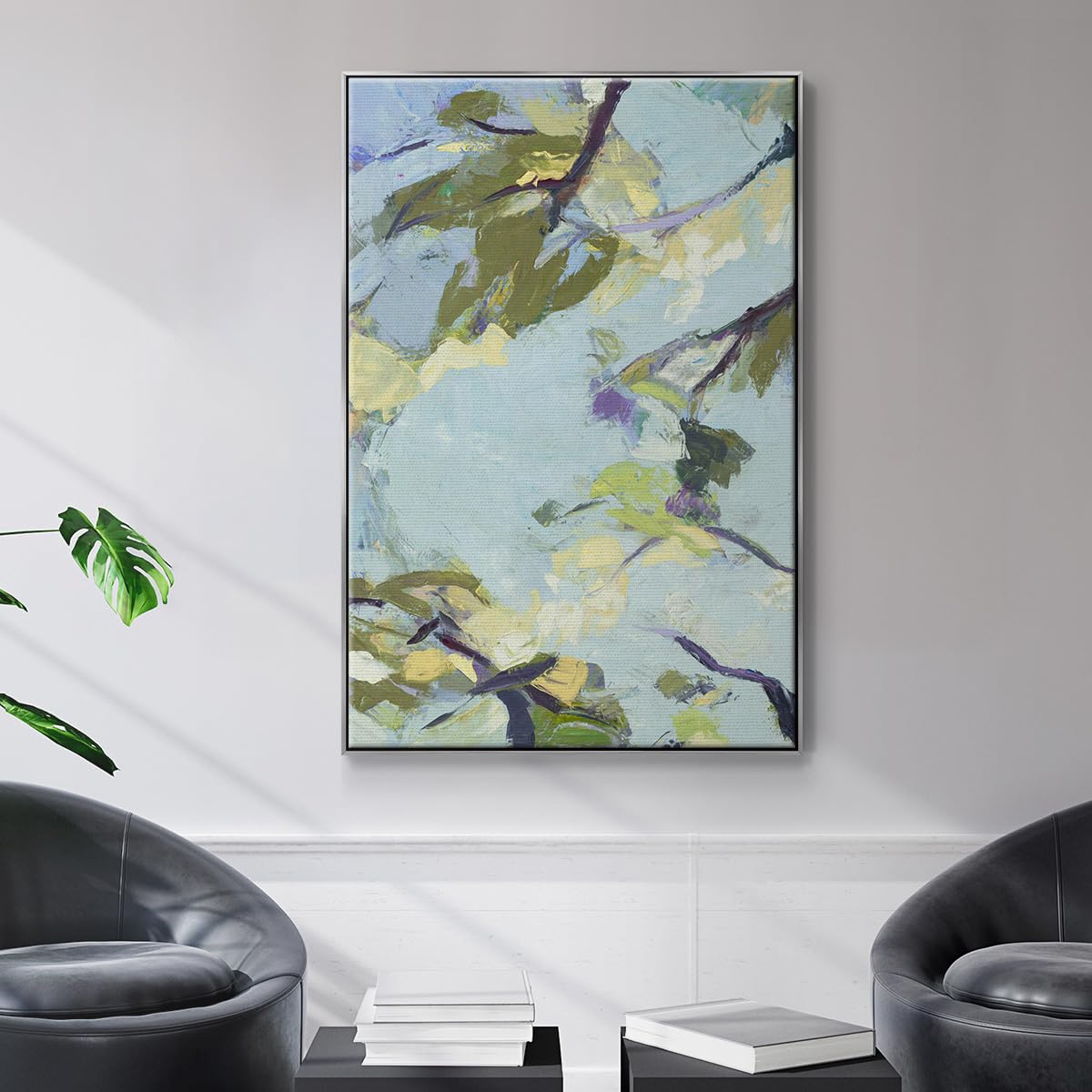 Abstract Nature Art Silver Floater Frame Home Paintings & Prints Blue Sky & Trees Reflection in a Lake Canvas Wall Decorations for Bedroom Classroom Office (37"L x 25"W / Aqua Sky)