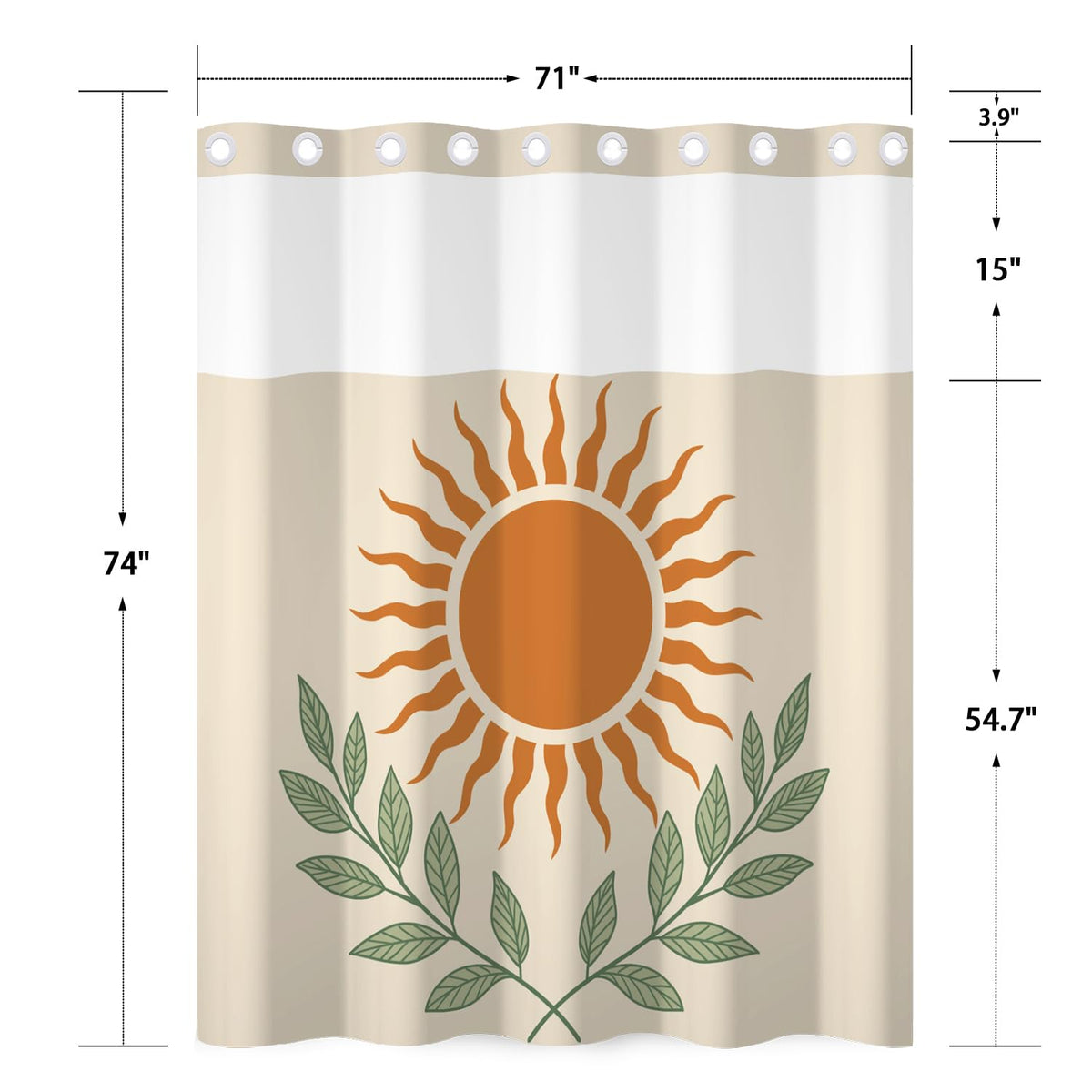 No Hook Boho Shower Curtain with Snap in Removable Liner (Sun and Leaf)