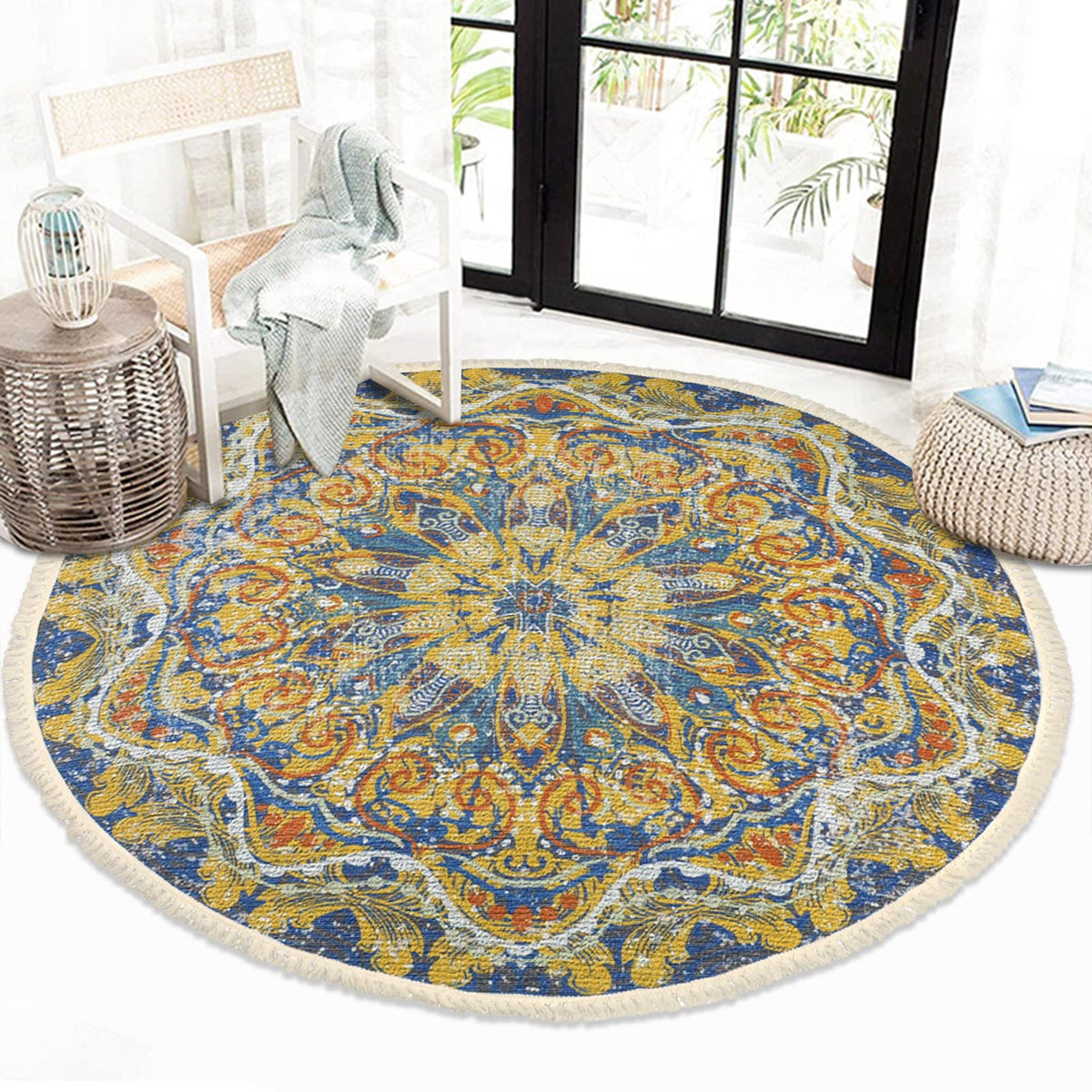 Boho 4Ft Round Washable Rug for Bedroom Farmhouse Hallway Entryway (Yellow / 4' (Round))