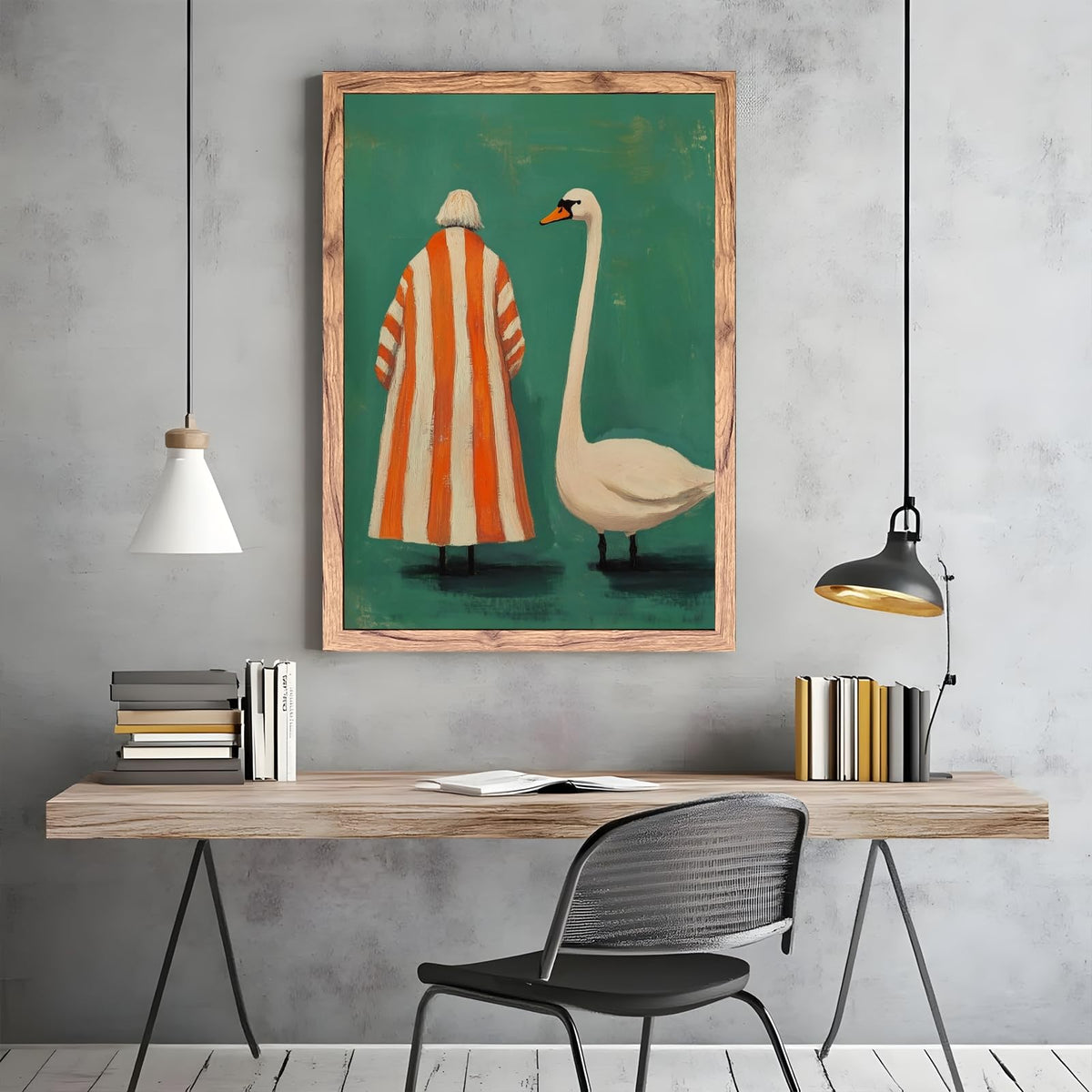 Wood Frame Whimsical Swan Wall Art Surreal Woman Bird Canvas Print Artwork Vintage Green Orange Painting Quirky Animal Decor Poster Eclectic Wall Decor Pictures for Living Room Bedroom 12x16inch (12"L x 16"W / style-4 Wood Framed)