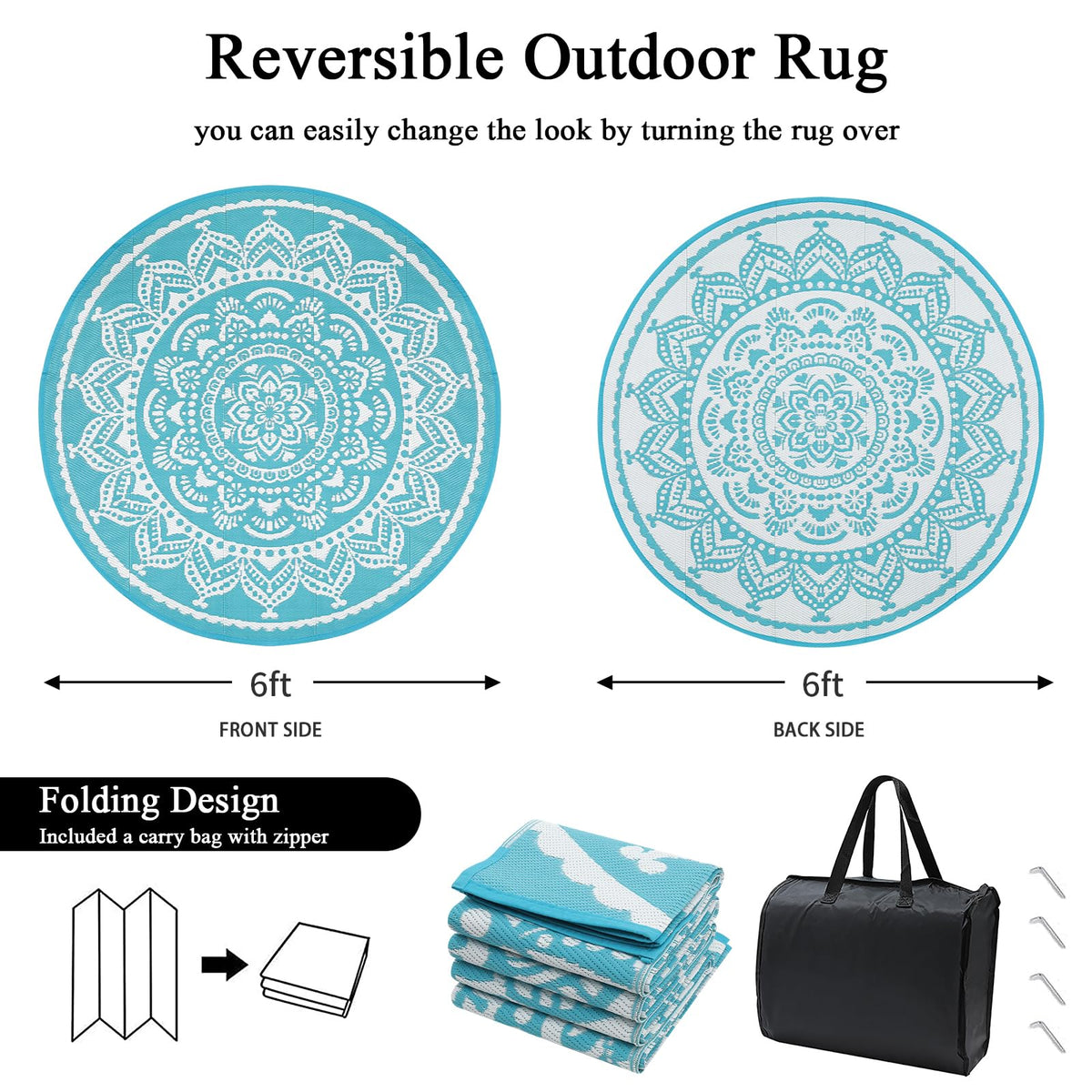 Waterproof Outdoor Rug 6ft Round Reversible Boho Plastic Straw Patio Deck Camping Rugs (Flower Teal / 6' (Round))