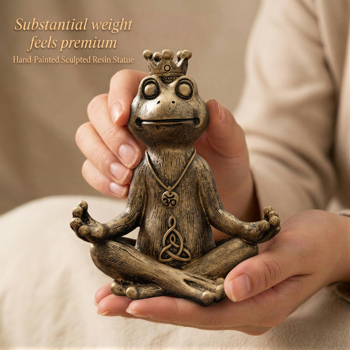 Meditating Zen Frog Statue Decor with Bonus Om Necklace (Gold)