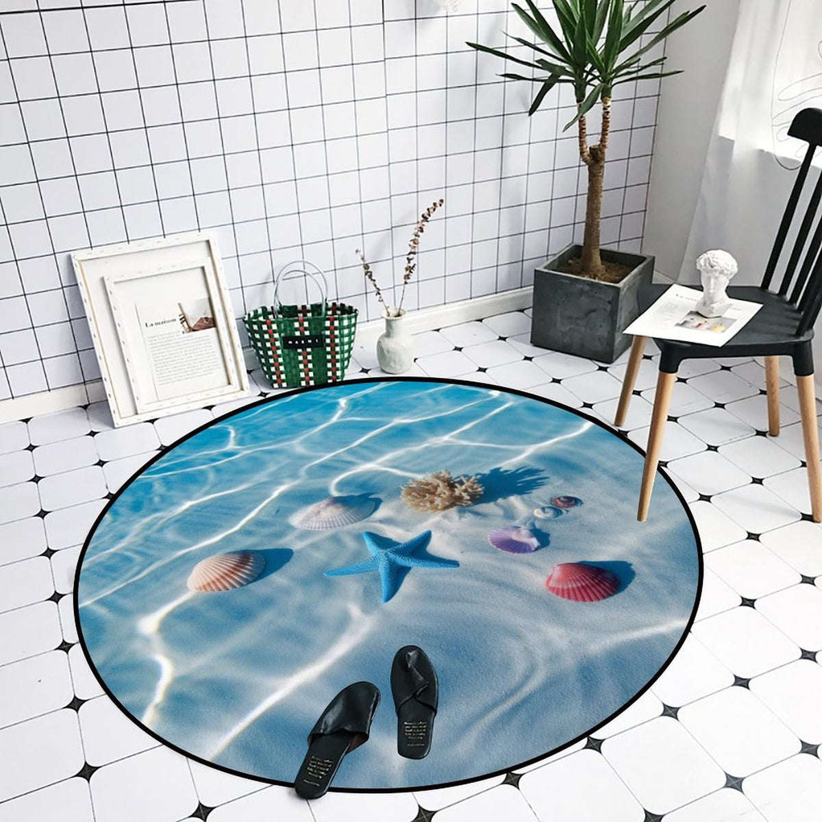Round Area Rugs 2 FT Washable Non Slip Circle Rug (Seashells and Starfish Under the Blue Lake Water / 2' (Round))