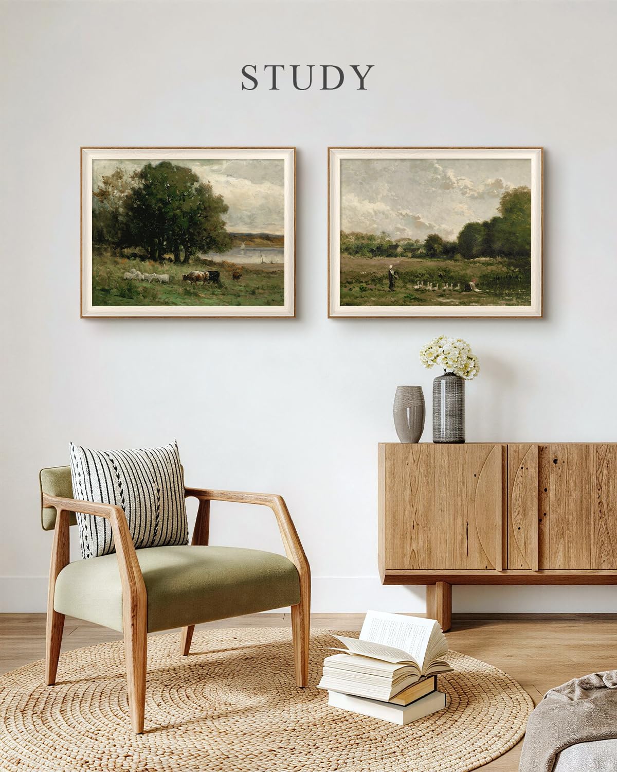 Framed Vintage Farmhouse Life Landscape Wall Art Set (Green doublets / 16"L x 20"W)