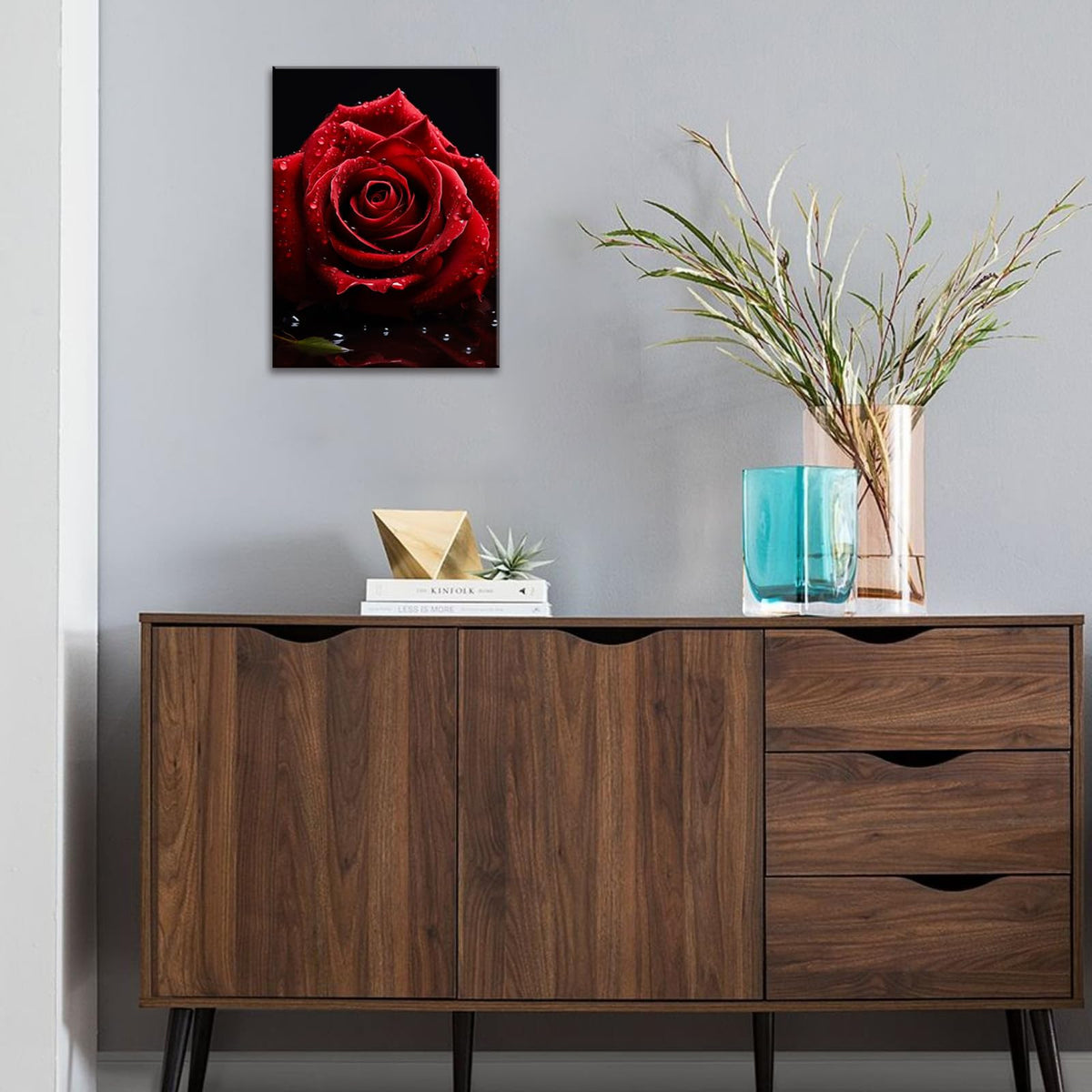 Rose Print Canvas Wall Art Modern Rose Wall Decor Red Wall Art Decorations Flower Picture for Home Modern Bathroom Bedroom Living Room Framed Ready To Hang 12x16 inches (16"L x 12"W / Red Rose)