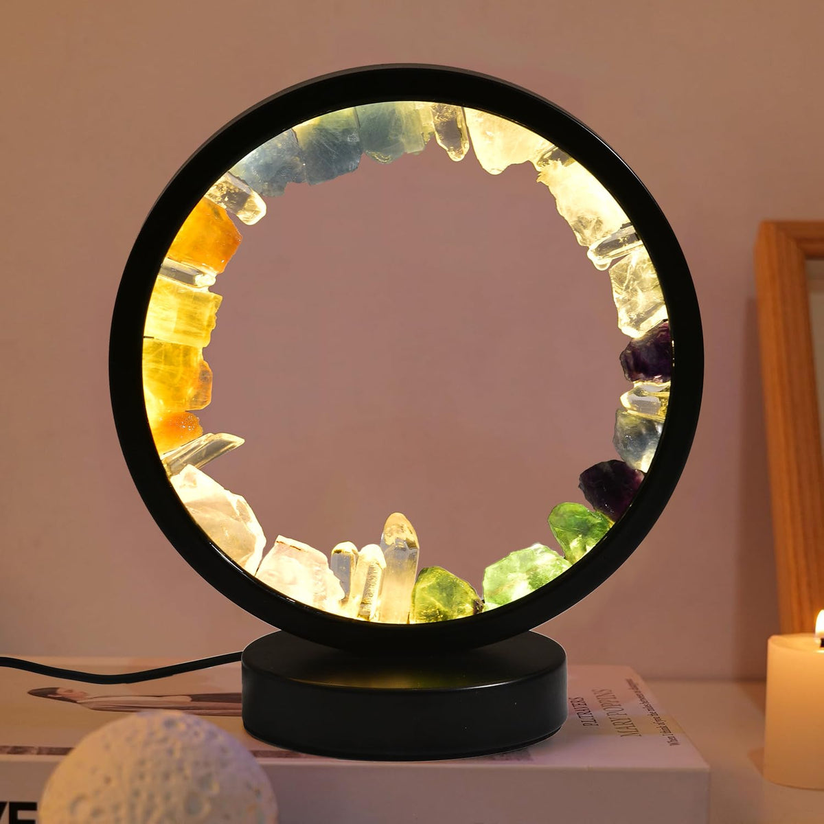 Natural Mixed Crystal Night Light Round Meditation Lamp (Mixed Rocks Round)