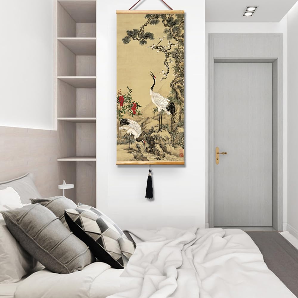 Canvas Painting Prints Wall Scroll Fengshui Art for Decor 32x14in (Longevity is like a pine crane)