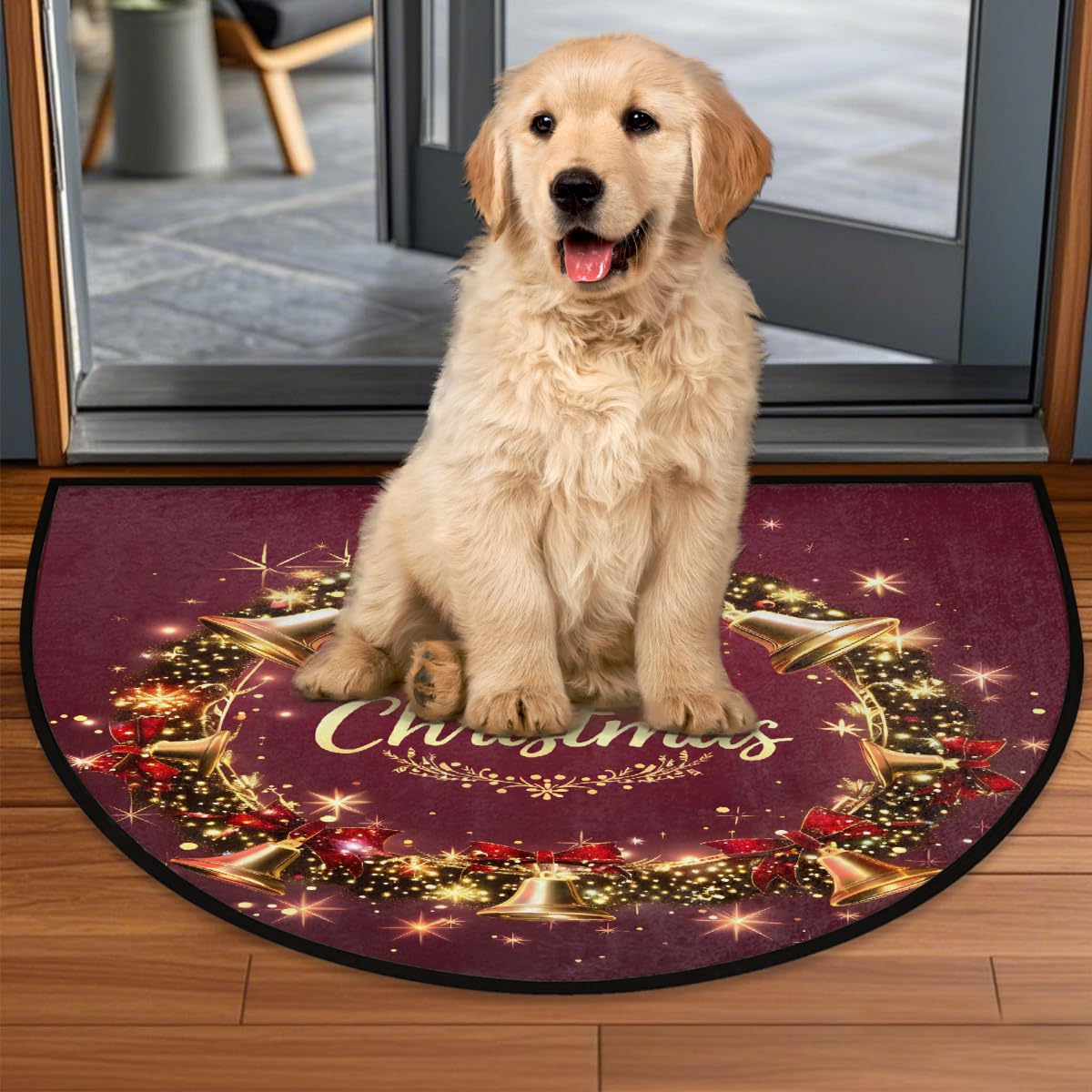 Half Round Doormat Christmas Xmas Red Bell Semi Circle Rug Non Slip Indoor Outdoor Entrance Half Moon Rug Washable Front Floor Mat for Kitchen Bathroom Patio Fireplace Holiday Decor A (Z:christmas 6)