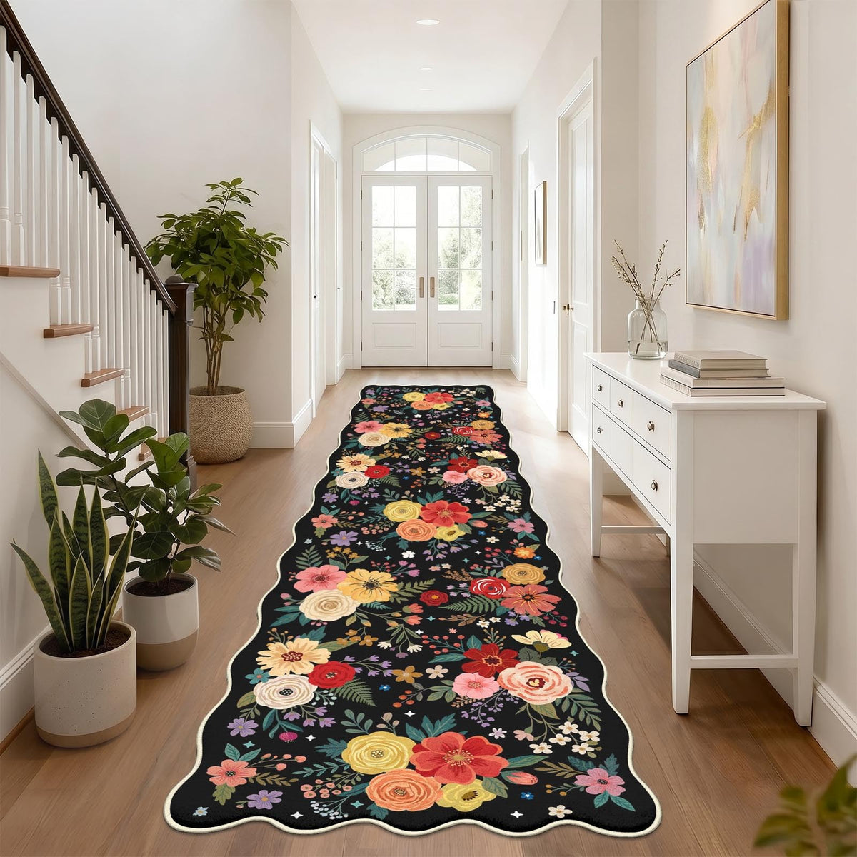 Scalloped Hallway Runner Rug (Dark Floral / 2' x 6' (Scalloped))