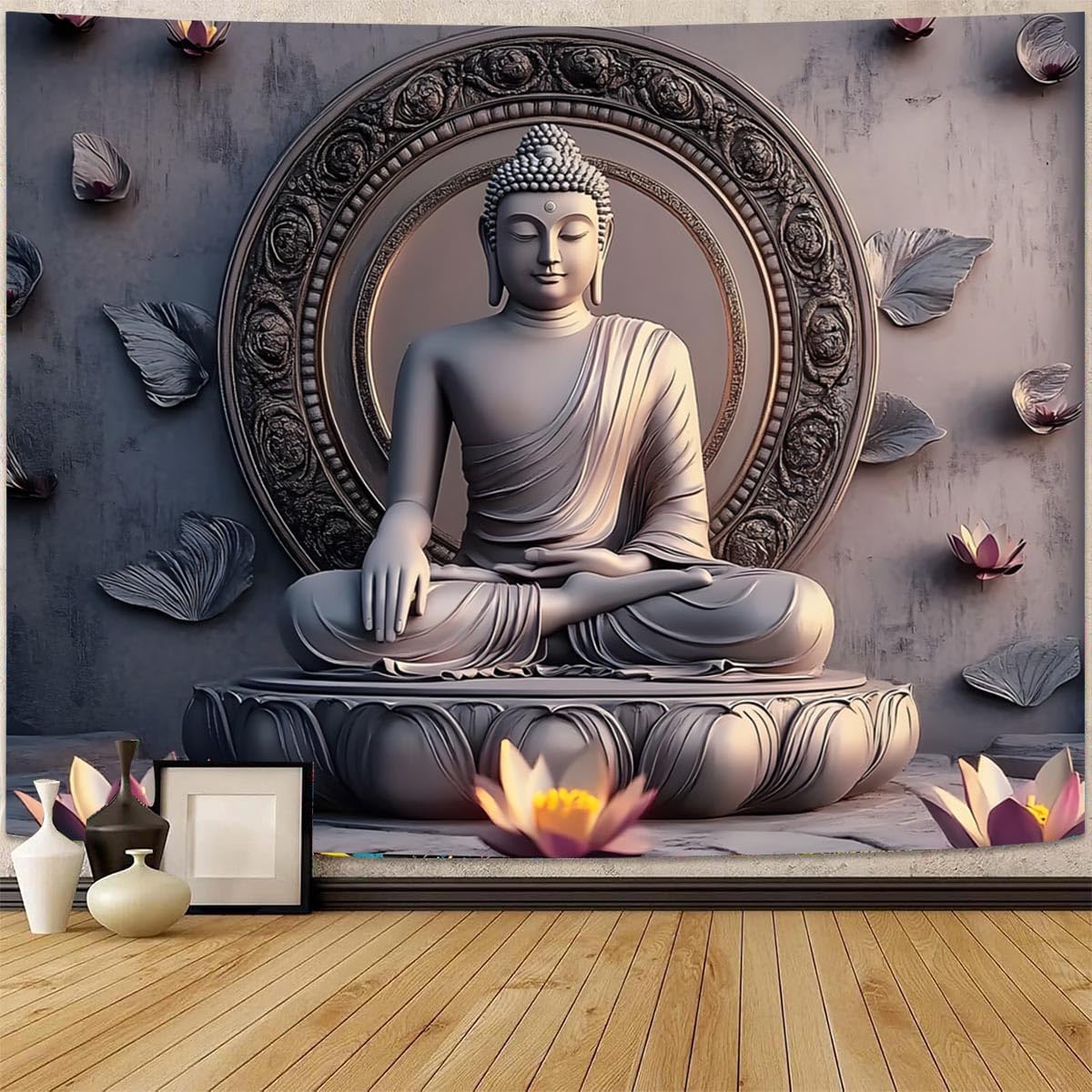 Vintage Sitting Buddha Tapestry Wall Hanging Buddhist Statue Tapestries Lotus Meditation Wall Decor Psychedelic Indian Zen Art for Bedroom Living Room Home Decor (Grey2 / 90"L x 71"W)