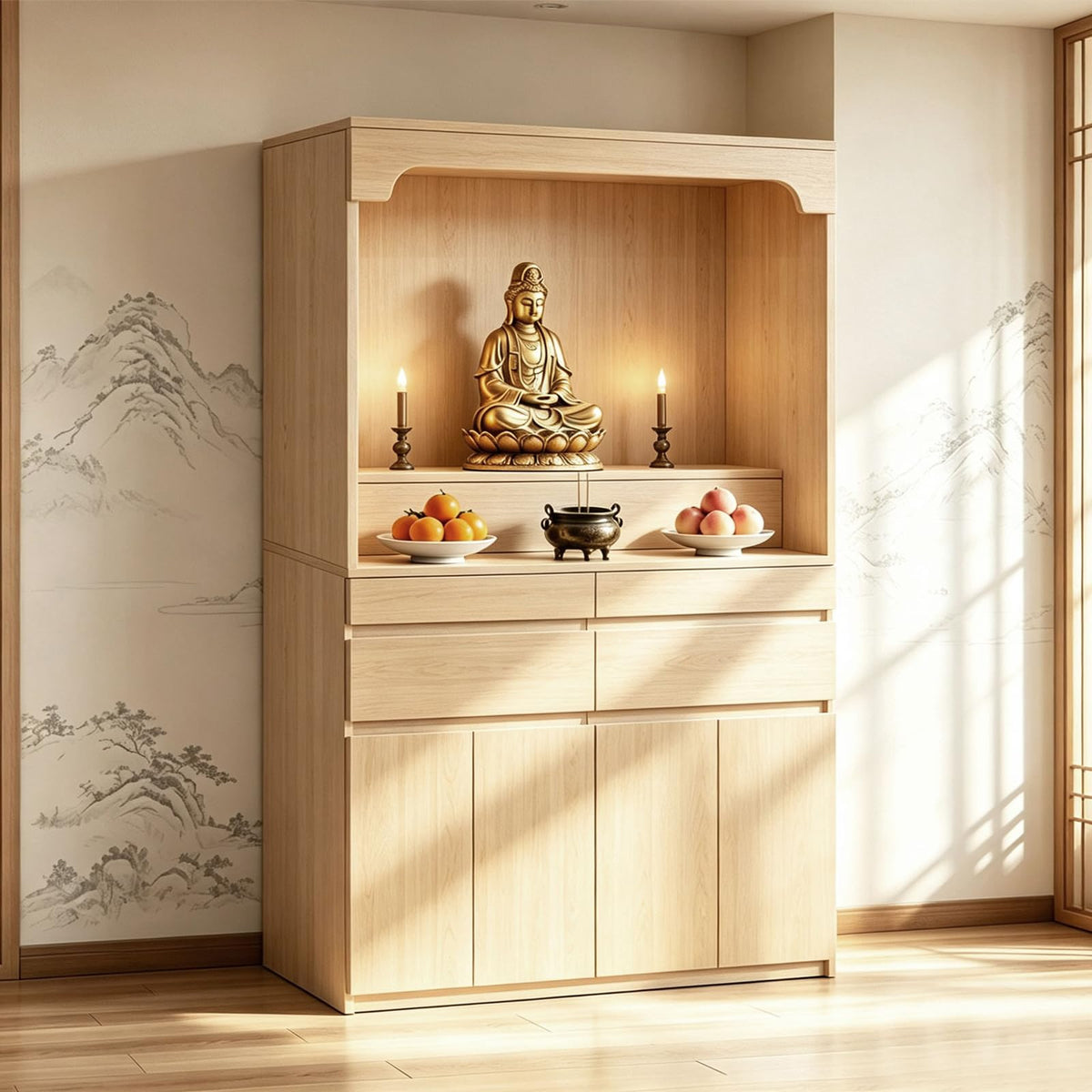 Altar Table Pooja Cabinet with Drawers and Storage Cabinets (47.2×15.7×65.4in / Natural Wood)