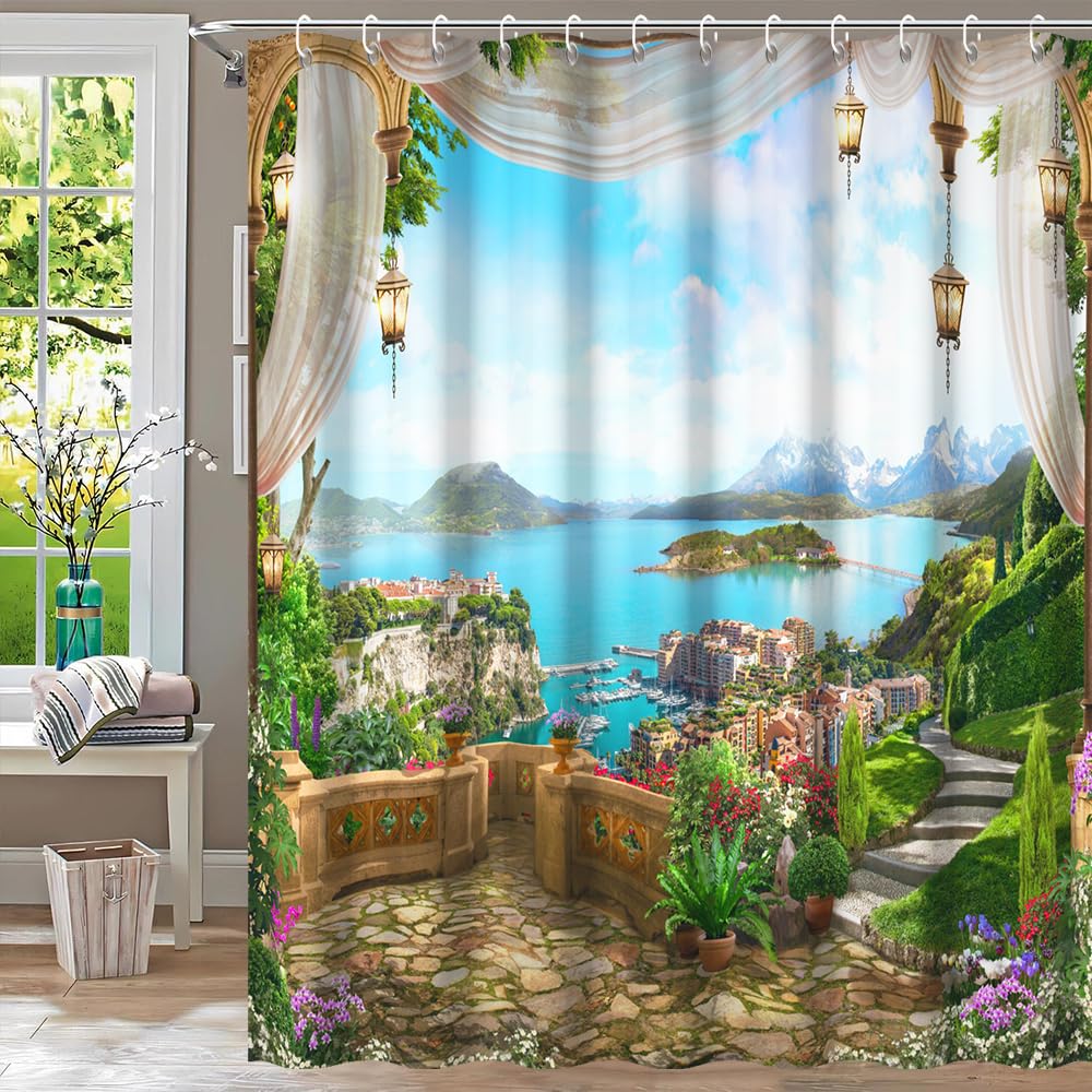 60x72inch Spring Landscape Shower Curtain Vintage Mural Balcony Scenery Bathroom Curtain Bathtubs Decorations 3D Printed Mountain River Natural Scenery Waterproof Fabric Decor with Hooks (60"W x 72"L (Pack of 1) / Green05)