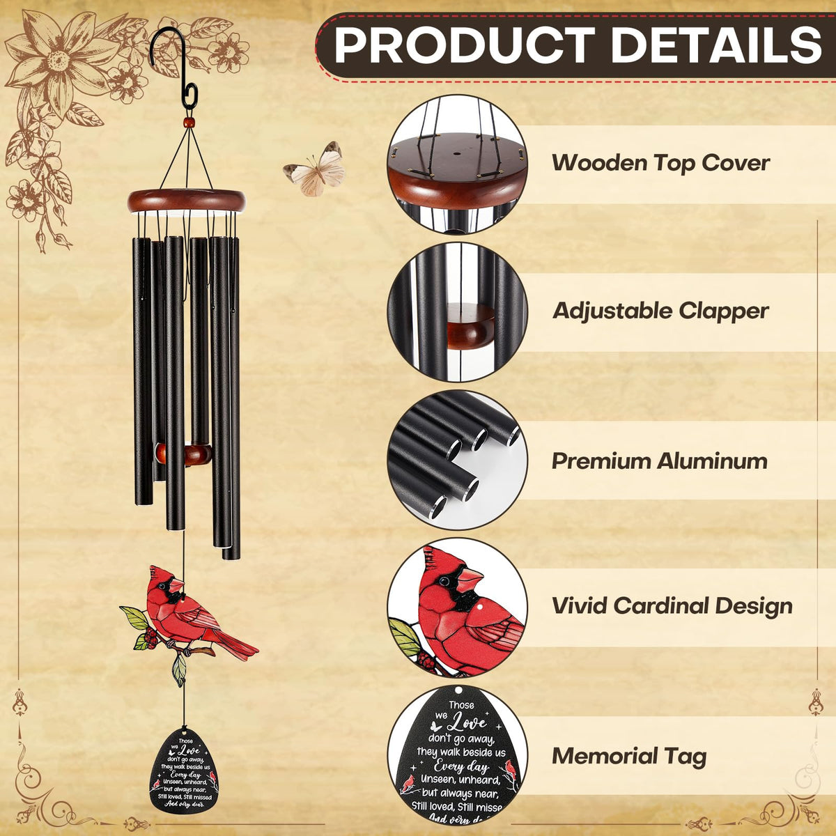 36'' Large Memorial Wind Chimes for Loss of Loved One (Red Bird)