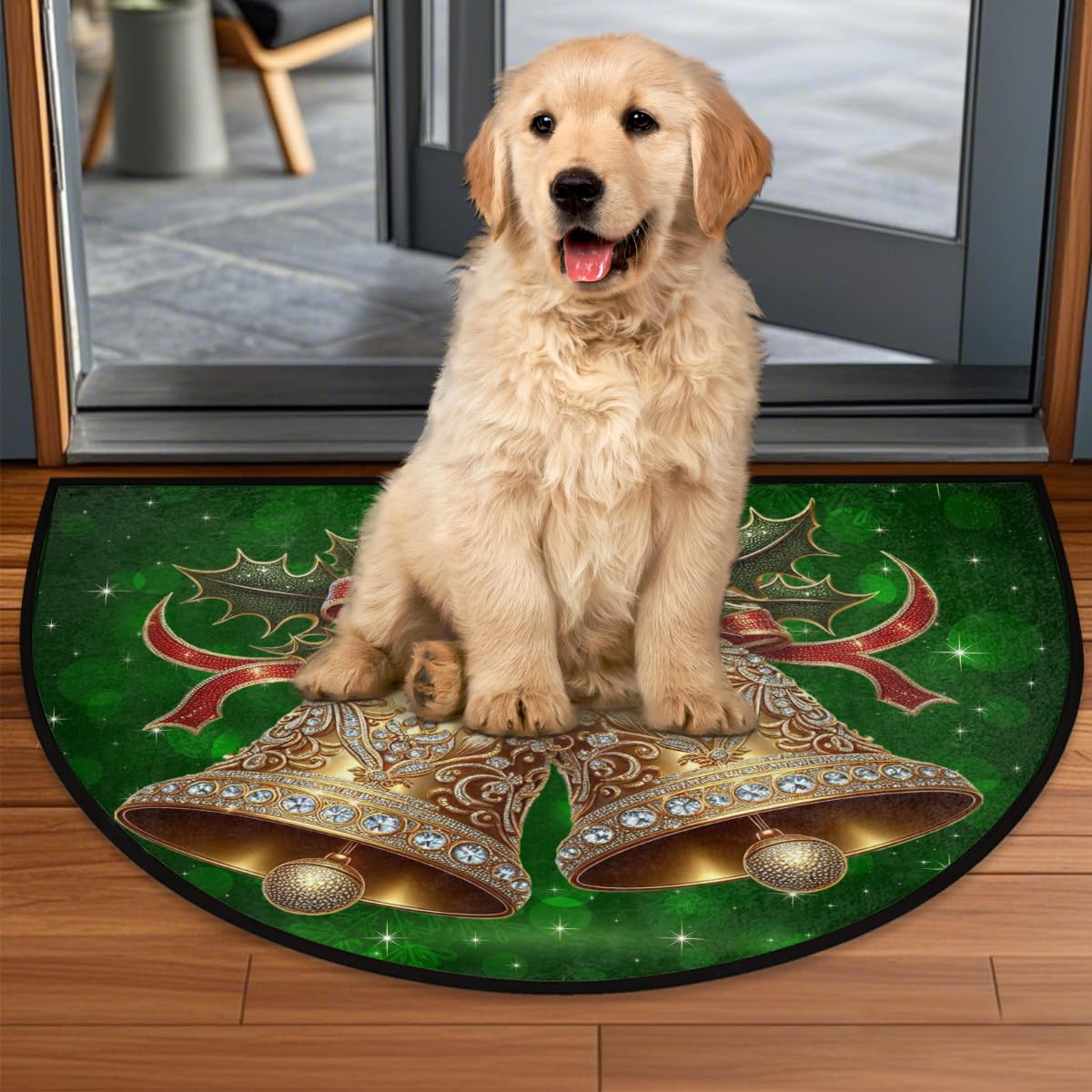 Christmas Bell Half Round Door Mat Indoor Entrance Semi Circle Area Rugs (Z Green Christmas Bell)