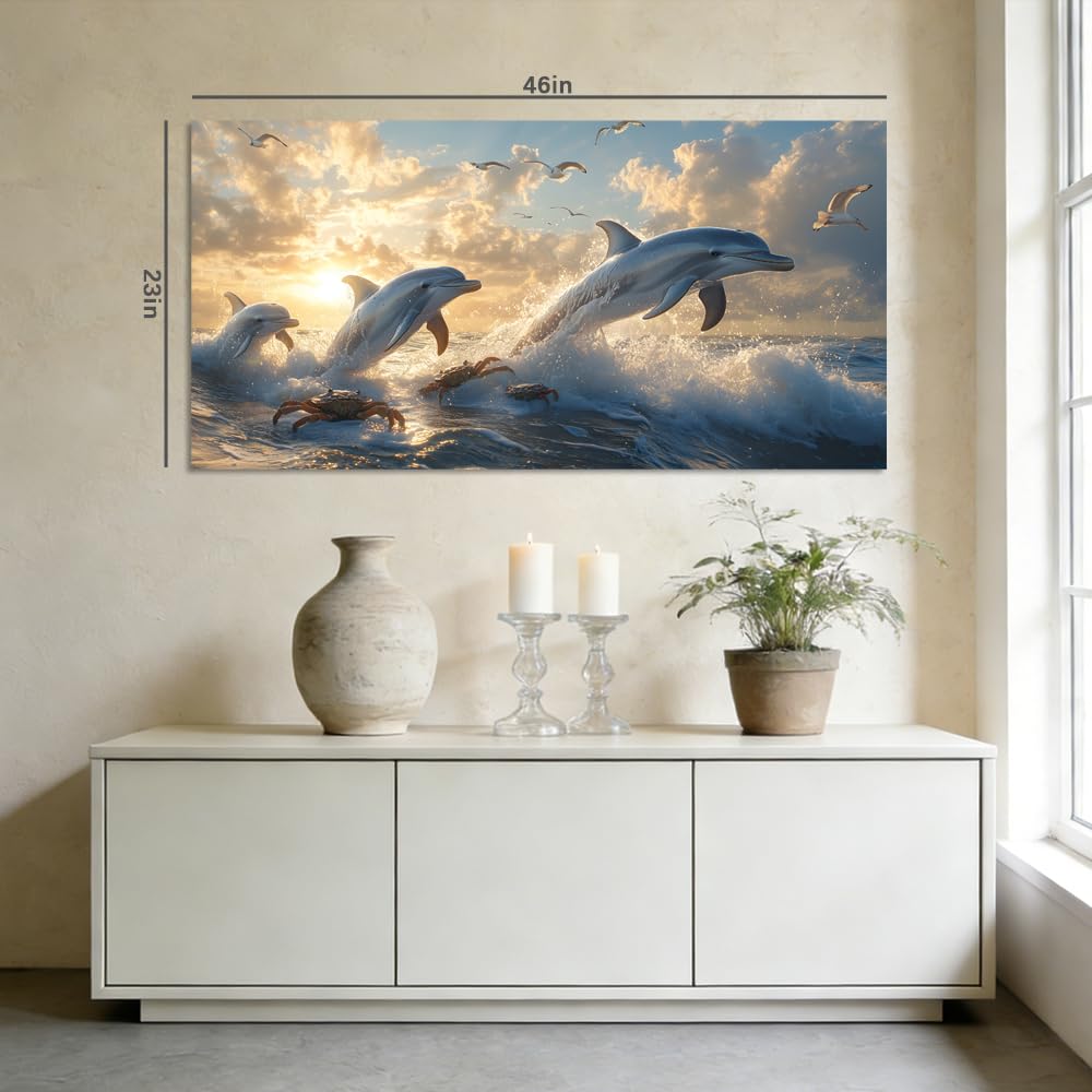 Blue Black and White Dolphin Leap Wall Art Modern Canvas Painting Prints (Coastal / White Dolphin Leap 106 / 46"L x 23"W)