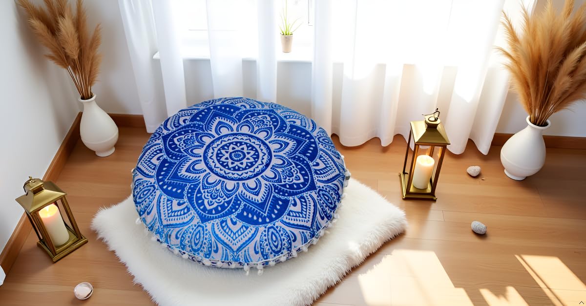 Round Mandala Floor Pillow Cover Seating Cushion Throw Cover Ottoman Pouf Cover Pom Pom Pillow Cases Hippie Decorative Bohemian Boho Indian 22 Inches (Blue White)