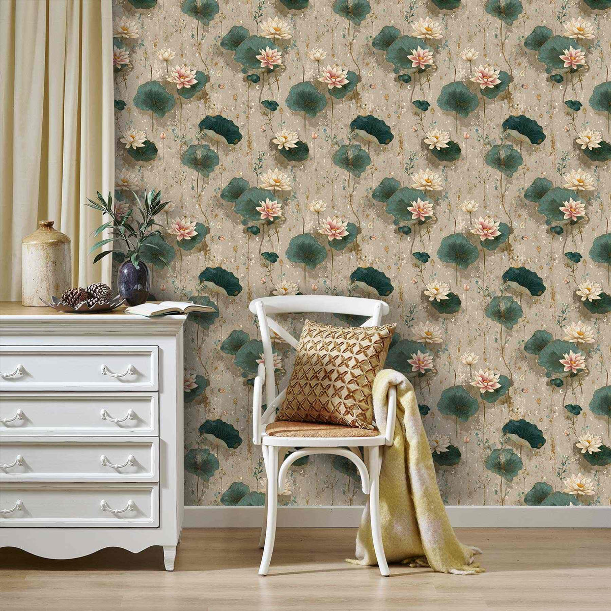 Chinoiserie Lotus Peel and Stick Wallpaper (17.7" x 118")