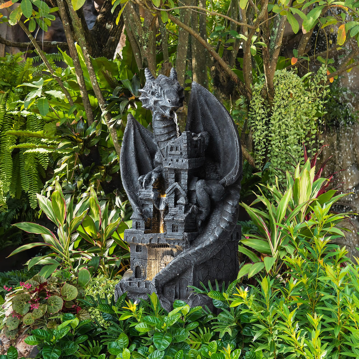 4 Tiered Cascading Outdoor Water Fountain for Garden Patio Yard Mystical Gothic Dragon Water Fountains Outdoor with LED Lights & Pump (Mystical Gothic Dragon Fountain / 36.5"H)