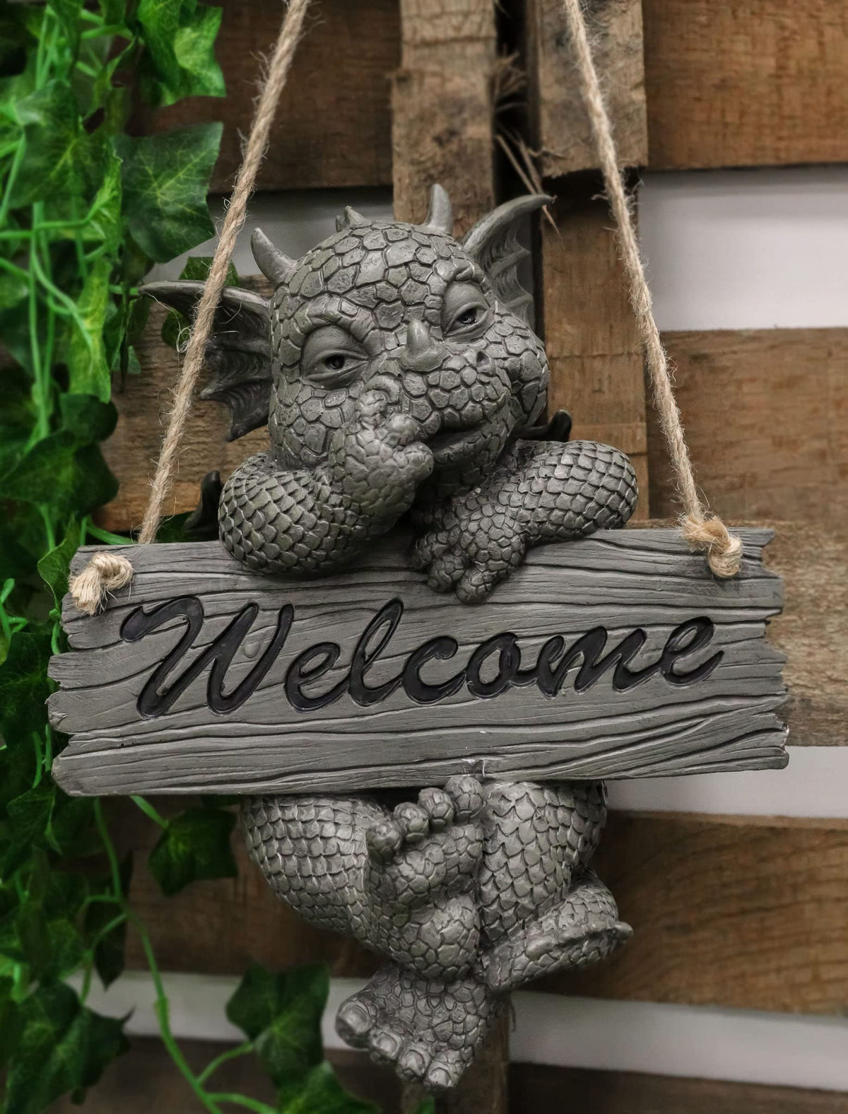 Ebros Whimsical Jute Strings Hanging Welcome Garden Dragon Picking Nose Statue Cute Wyrmling Figurine Dungeons and Dragons Mythical Fantasy Sculpture Guest Greeter Tree Branch Hanger Patio Decor (Rope Hanging Welcome Dragon)