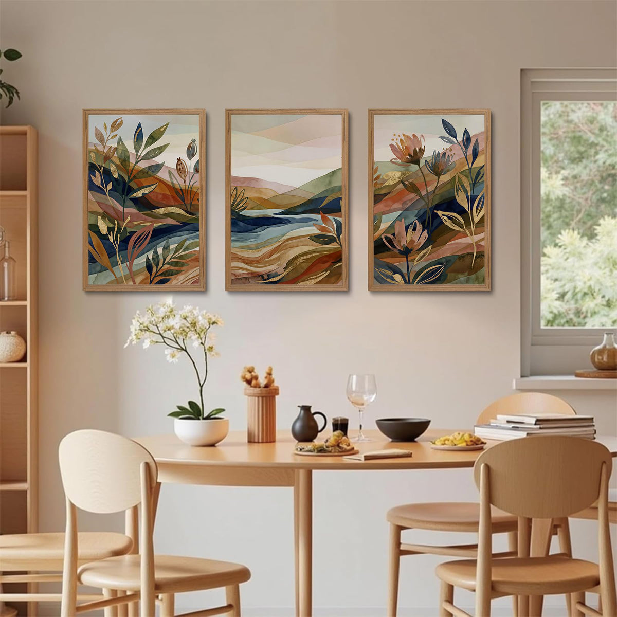 Abstract Landscape Framed Wall Art Set of 3 (Boho mountain floral / 24"L x 16"W)