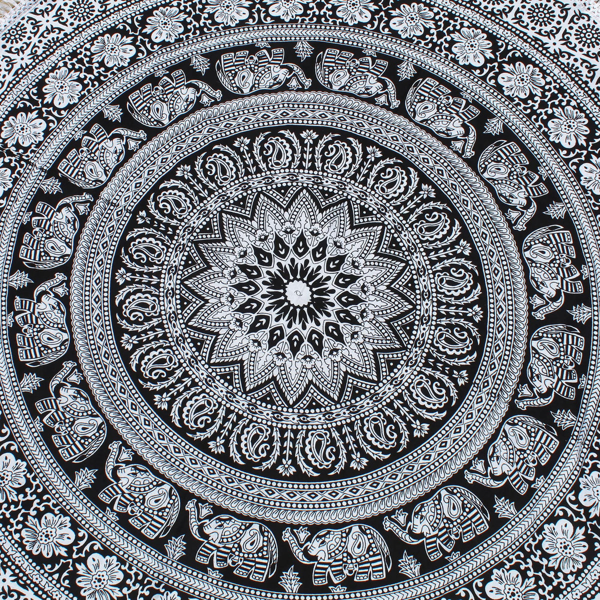Round Beach Tapestry Turquoise Mandala Throw (3'6" (Round) / Black and White)