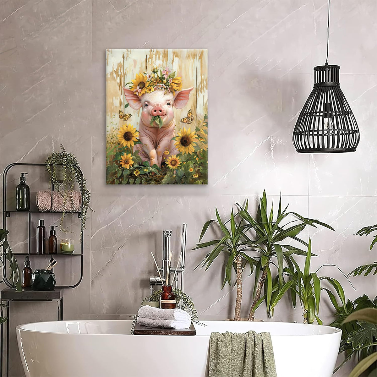 Pig Canvas Wall Art Farmhouse Animal Print Painting Framed ArtWork 16"x24" (Pig Sunflower / 24"L x 16"W)