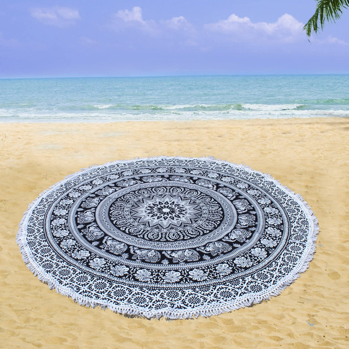 Round Beach Tapestry Turquoise Mandala Throw (3'6" (Round) / Black and White)