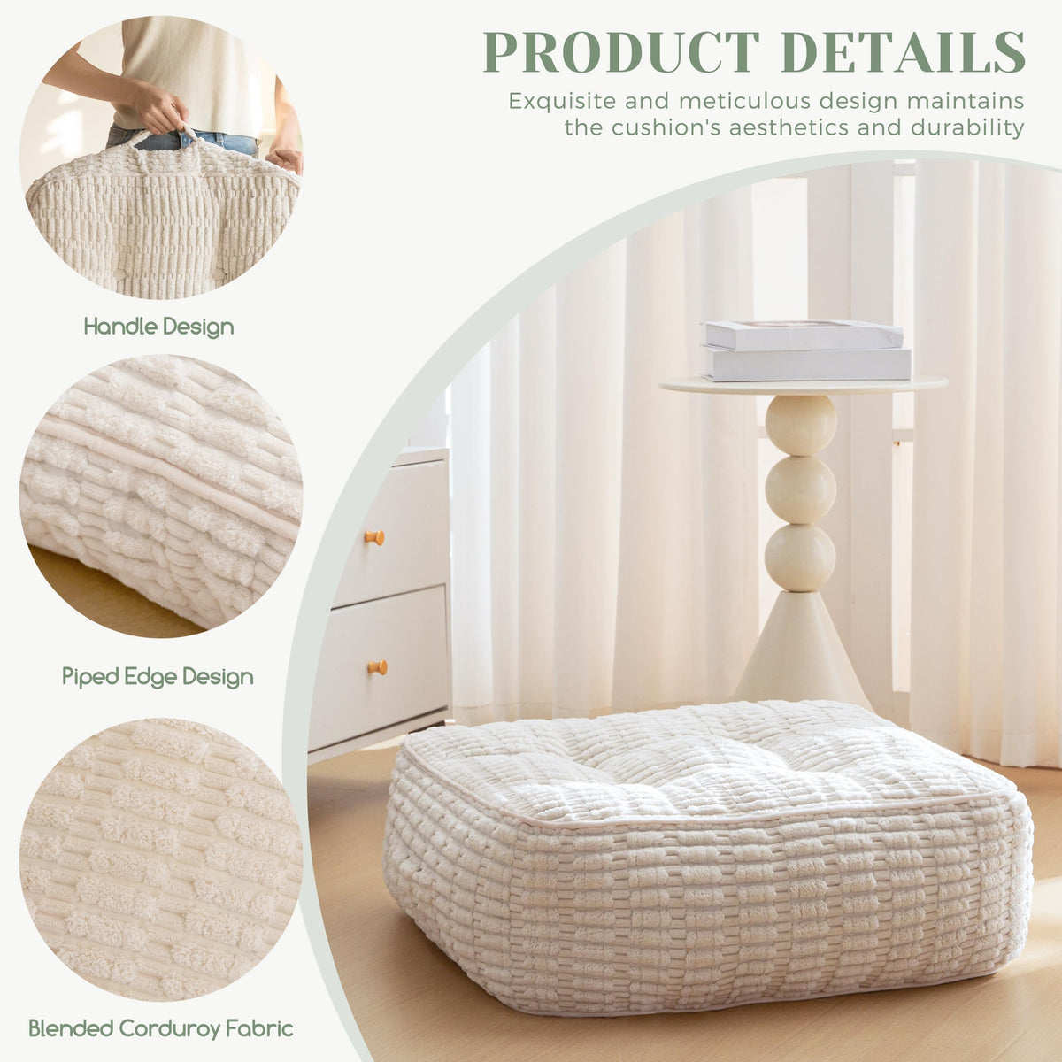 8" Floor Pillow Cushion for Adults (Square Beige / 8" Thick(Pack of 2))