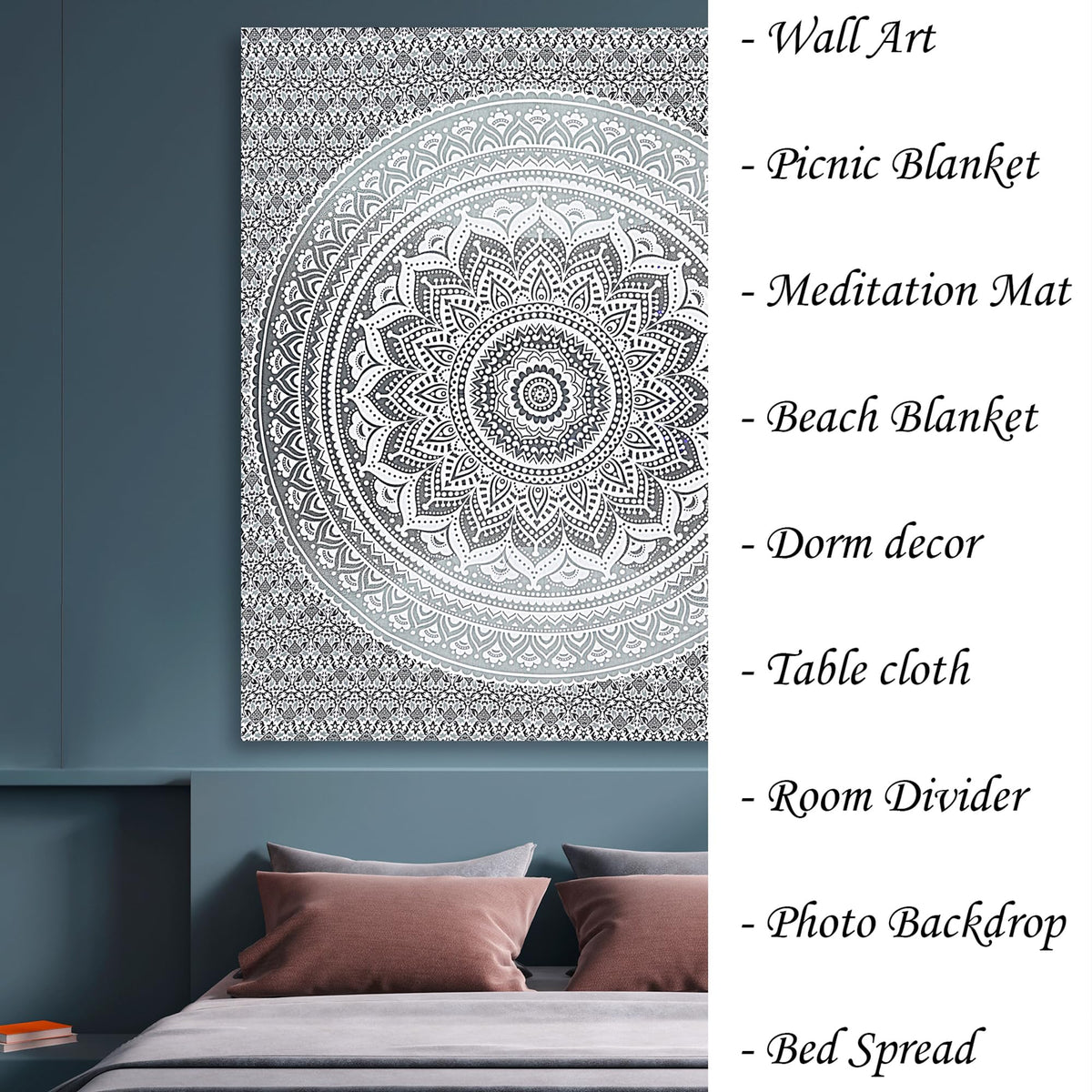 Handmade Cotton Mandala Wall Tapestry (Grey / 108"L x 90"W)