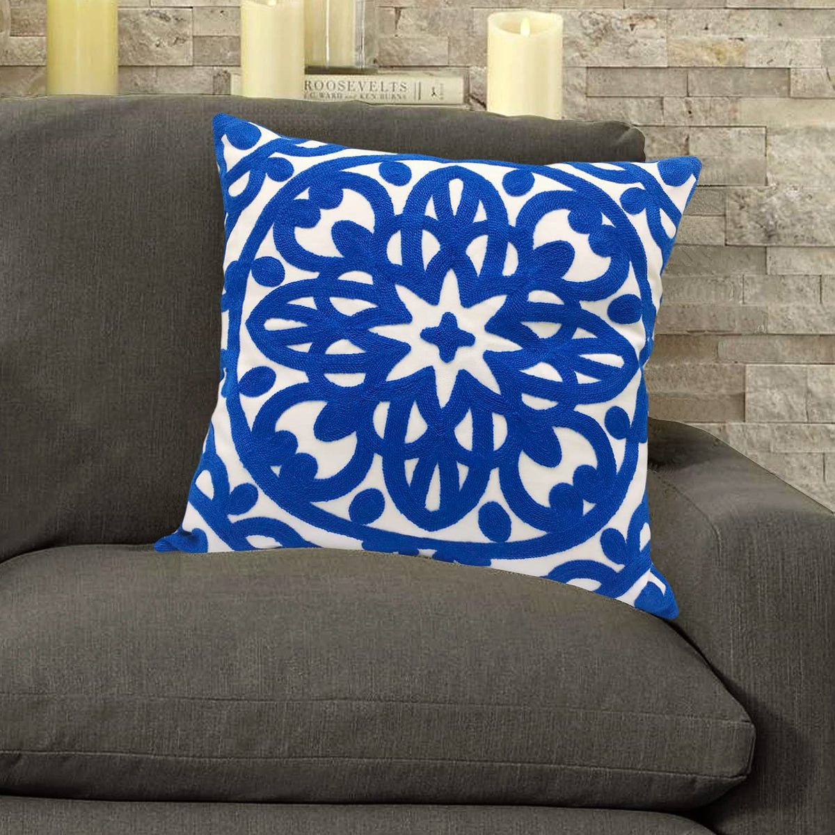 Embroidered Decorative Throw Pillow Cover 18"x 18" (Royal Blue / 18" x 18" (Pack of 1))