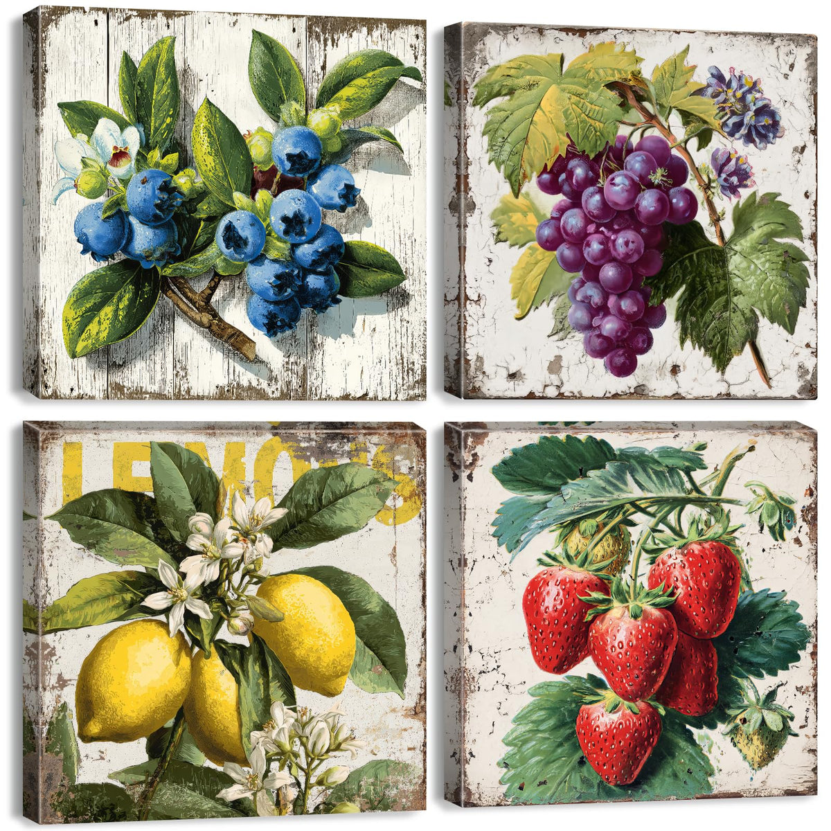 Vintage Fruit Wall Art for Kitchen Wall Decor Farmhouse Dining Room Pictures Rustic Lemon Strawberry Canvas Paintings Colorful Fruits Theme Prints Blueberry Grape Poster Artwork Decorations 12x12” 4P (12"L x 12"W / Fruit02)