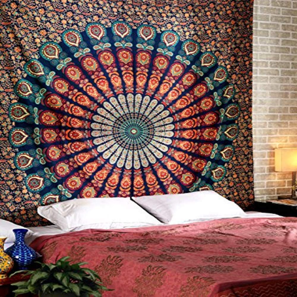 Peacock Mandala Tapestry Hippie Wall Hanging 90x84 inch Decorative Trippy Tapestries Boho Indian Handmade Cotton Bedspread (Golden Blue / 90"L x 84"W)
