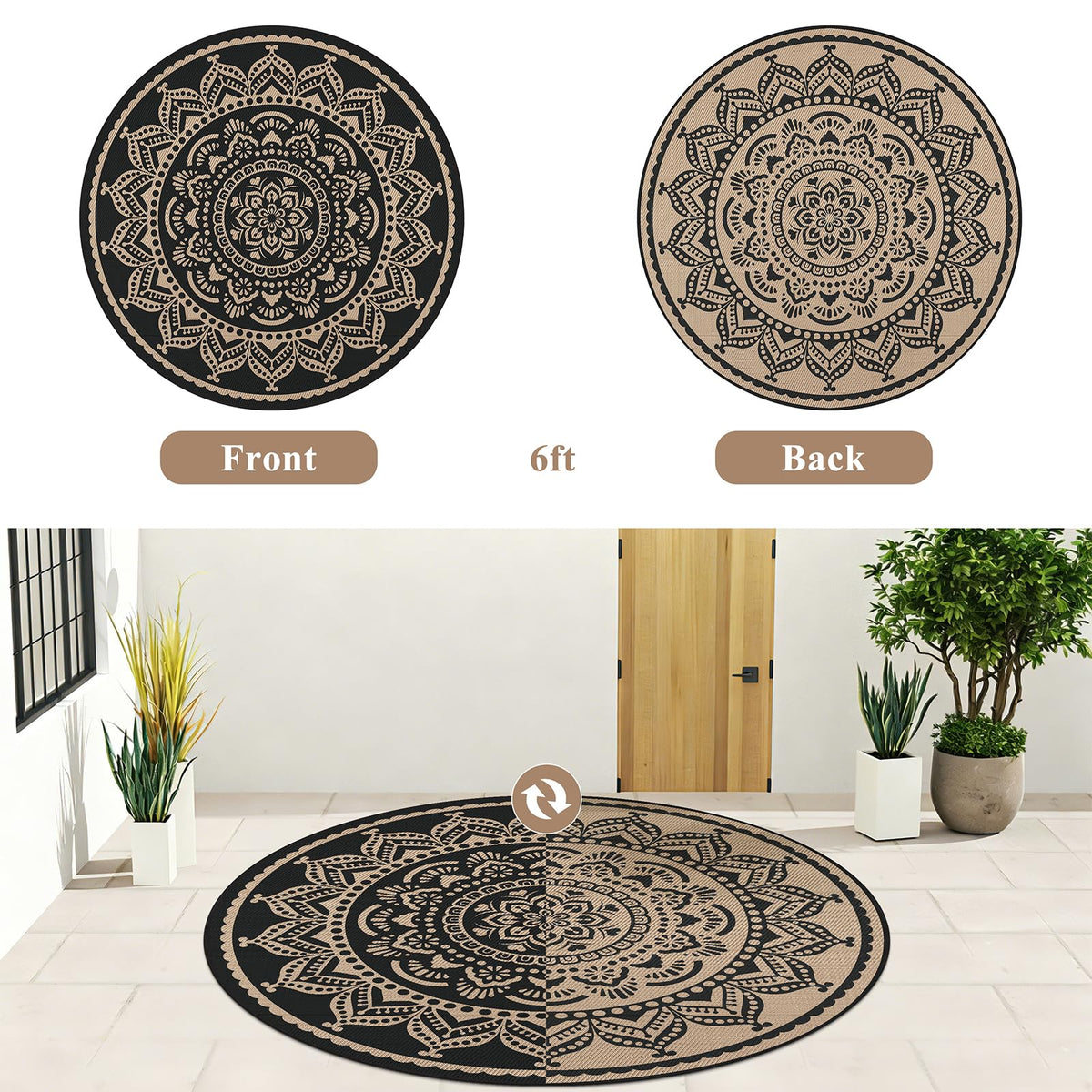 Waterproof Outdoor Rug (Flower Black Gold / 6' (Round))
