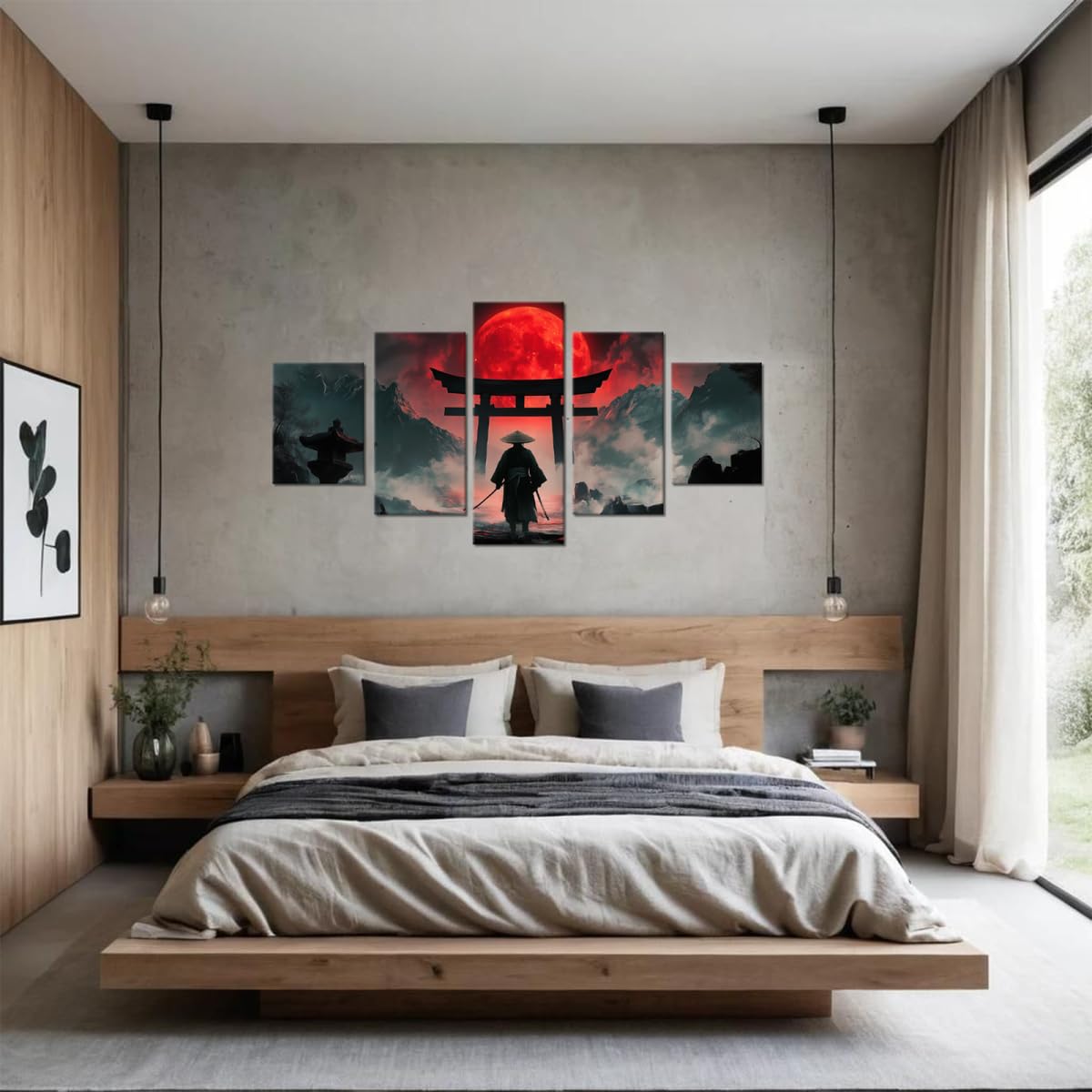 Japan Wall Art Samurai Canvas Artwork Asian Style Pictures Japanese Bushido Posters Prints Paintings Full Moon Ninja Wall Decor for Living Room Bedroom Home Decoration Framed 5 Pcs 60''W x 40''H (60"Wx40"H / Samurai 5P-15)
