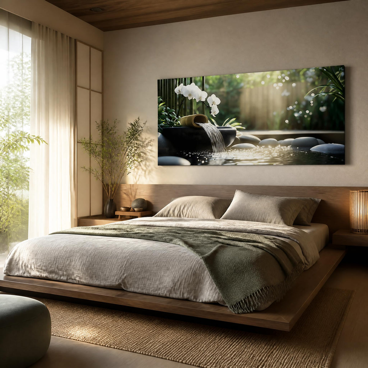Zen Garden Canvas Wall Art Bamboo Water Fountain White Orchid Painting Flat Print Gallery Wrapped Relaxing Artwork for Living Room Bedroom Bathroom Decor (Mysterious / Black Orchid Waterfall 31 / 40"L x 20"W)