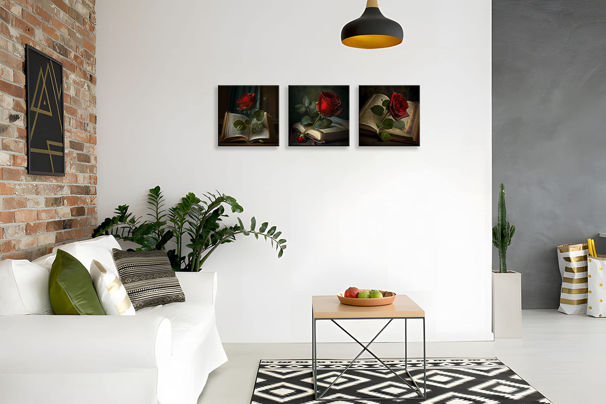 Vintage Red Wall Decor for Living Room Green Leaf Retro Wall Art Red Rose on Books Pictures Bedroom Decor Kitchen Home Decorations 16x16 3 Pcs (16 x 16 inches (3-Piece Set) / Vintage Rose)