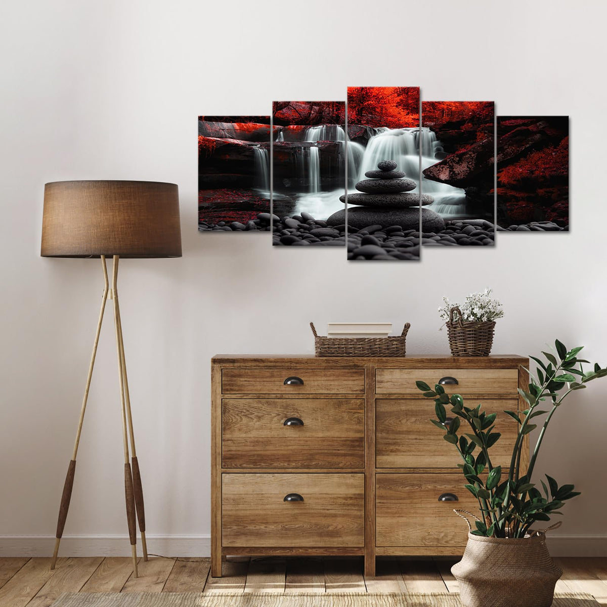 Black White Red Landscape Print Artwork for Living Room Red Tree Canvas Autumn Wall Art Zen Stones Waterfall Painting Picture Wall Decor Framed Ready to Hang (50"L x 24"W)