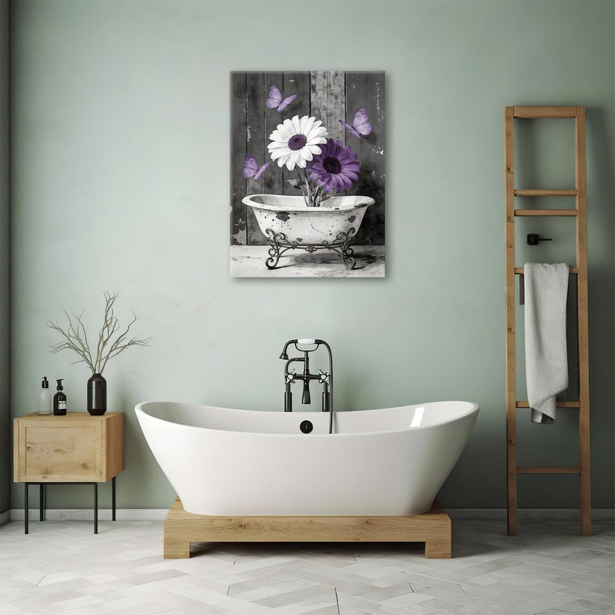 Vintage Bathroom Canvas Wall Art Retro Painting Framed ArtWork 16"x20" (Vintage Flower / 20"L x 16"W)