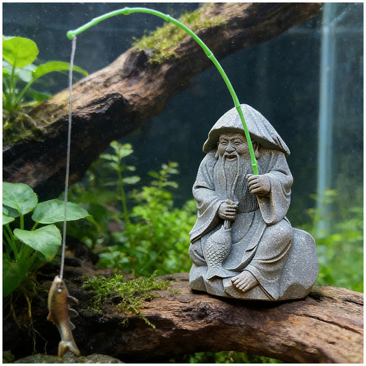 Mini Fisherman Statue Asian Zen Decoration Sitting Fishing Figurines Sandstone Vintage Ornament for Aquarium Fish Tank Pot Garden Home Japanese Decor (El)