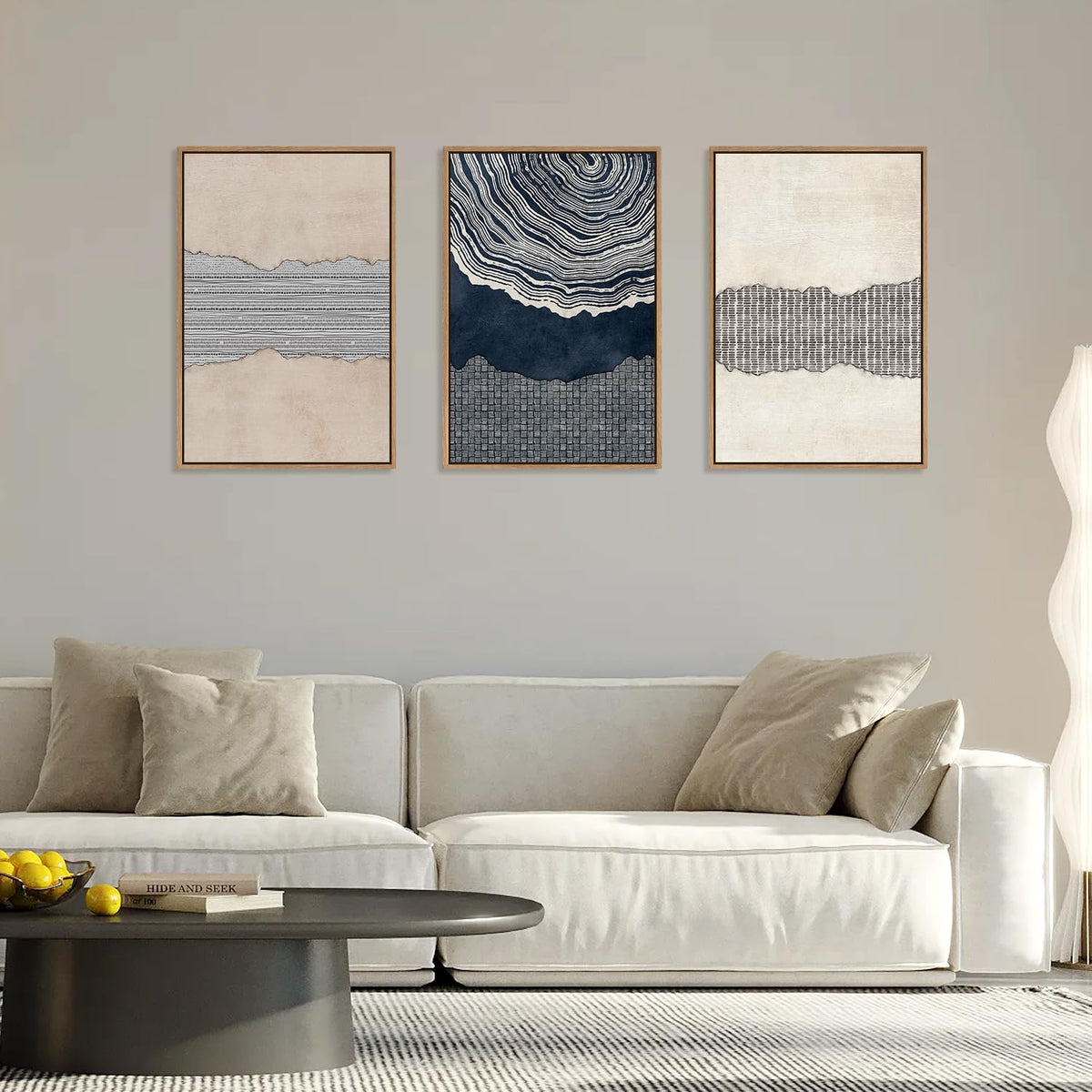 Large Abstract Navy Blue Beige Framed Canvas Wall Art (Navy Blue Wall Art / 24''x36''x3)