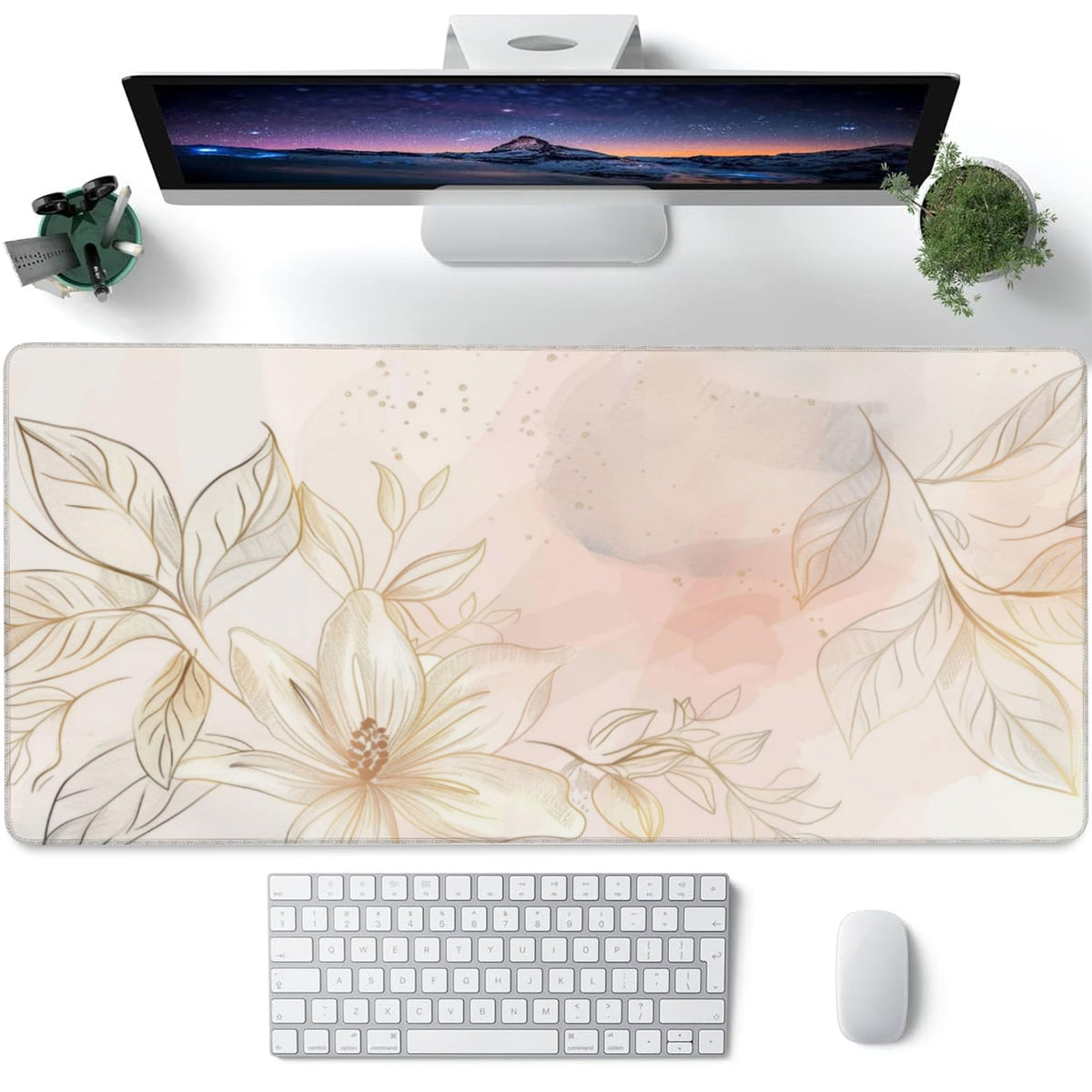Desk Mat Minimalist Flowers and Leaves Large Gaming Mouse Pad for Desk XXL (15.7" x 35.4" / Minimalist Flowers and Leaves)