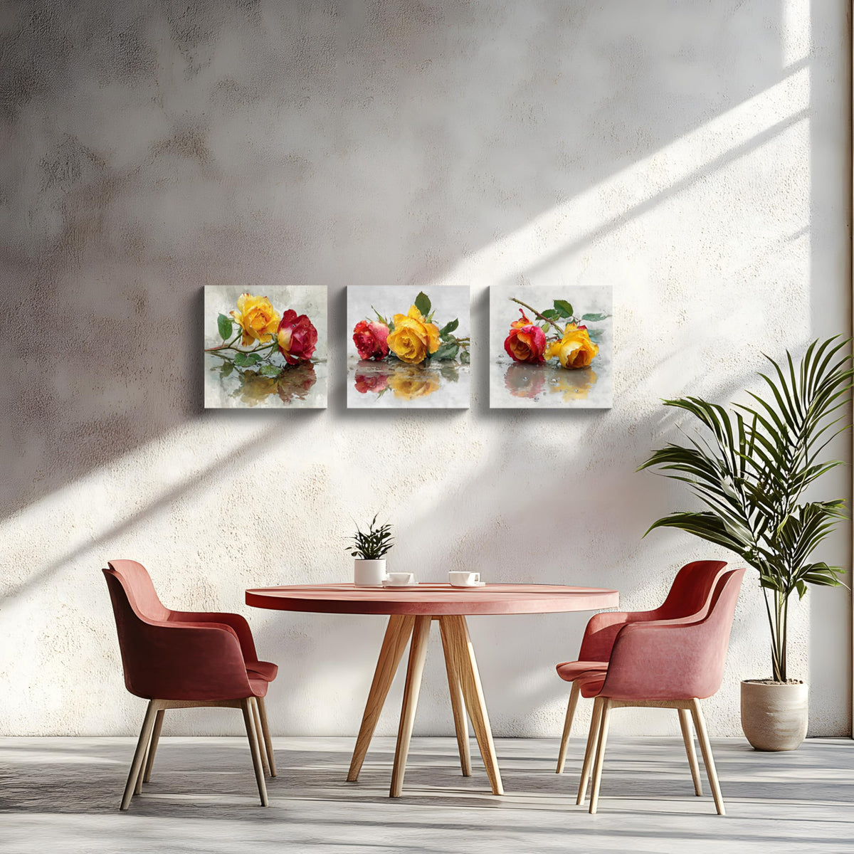3Pcs Watercolor Rose Canvas Wall Art Yellow and Red Flowers Botanical Floral Painting with Dew Drops Romantic Nature Artwork Elegant Home Decor for Living Room Bedroom Dining Room Office (12 x 12 inches (3-Piece Set) / Yellow & Red Rose)