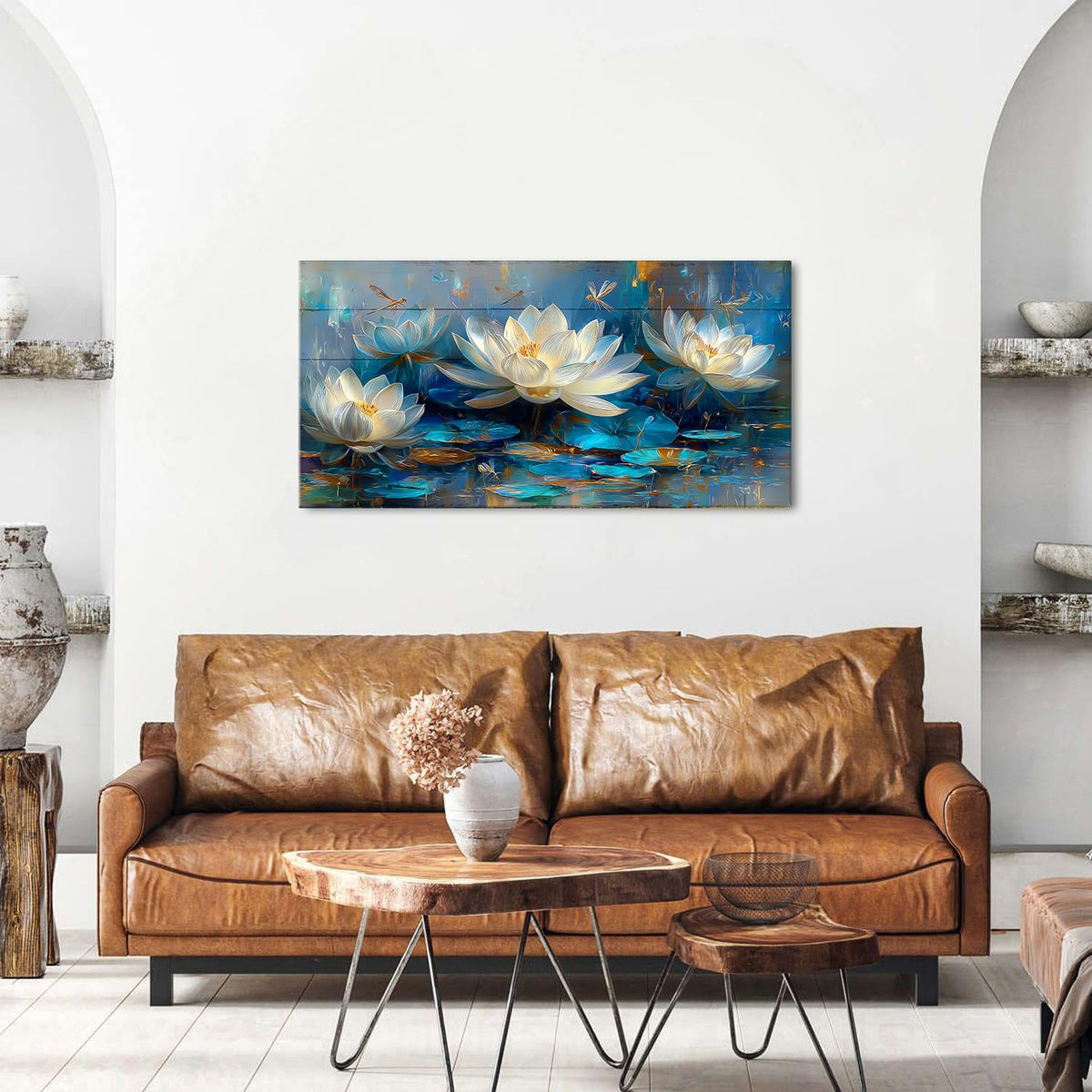 Blue Pond Lotus Flower Wall Art Abstract Zen Wall Decor Nature Plant Picture for Bedroom Watercolor Dragonfly Botanical Leaves Canvas Prints Modern Artwork Living Room Meditation Decorations 20x40" (40"L x 20"W / Lotus Flower)