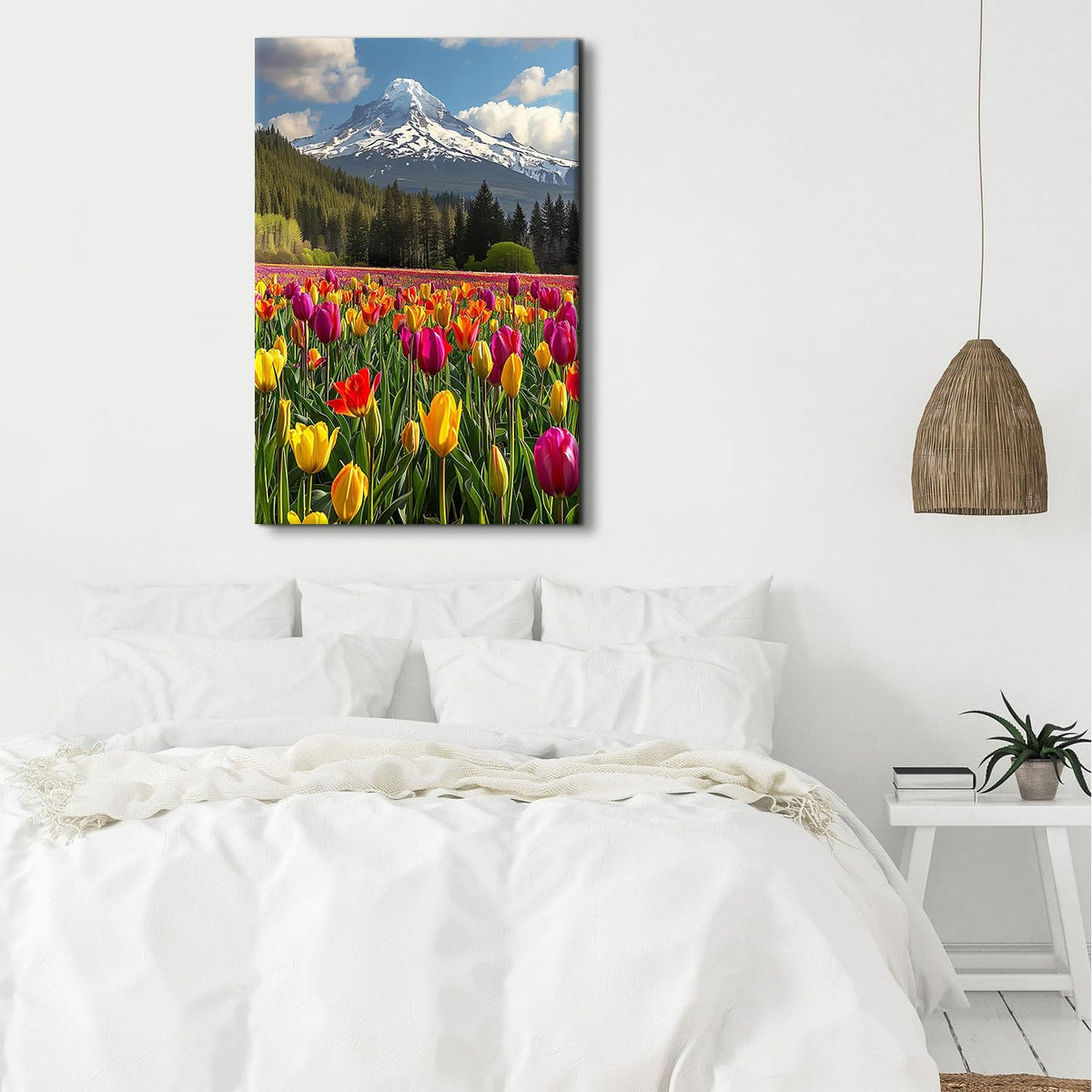 Yellow Flowers Wall Art Mountain Wall Decor for Living Room Tulips Floral Field Scenic Pictures Snowy Mountain Landscape Canvas Prints Floral Nature Forest Paintings Artwork Home Decoration 32x48" (48"L x 32"W / YellowTulips)