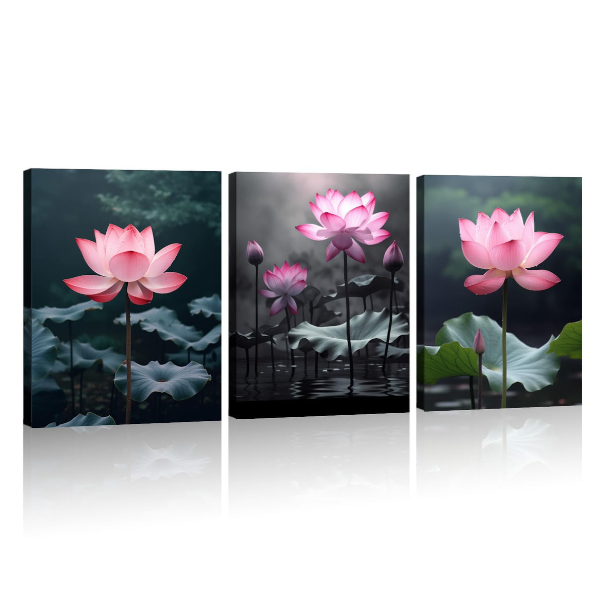 Pink Lotus Canvas Wall Art 3 Pieces Flower with Lotus Leaf in River Pictures Prints Wall Decor Nature Landscape Painting Vintage Artwork for Home Decor (Lotus-5 / 11.00"x14.00"x3P)