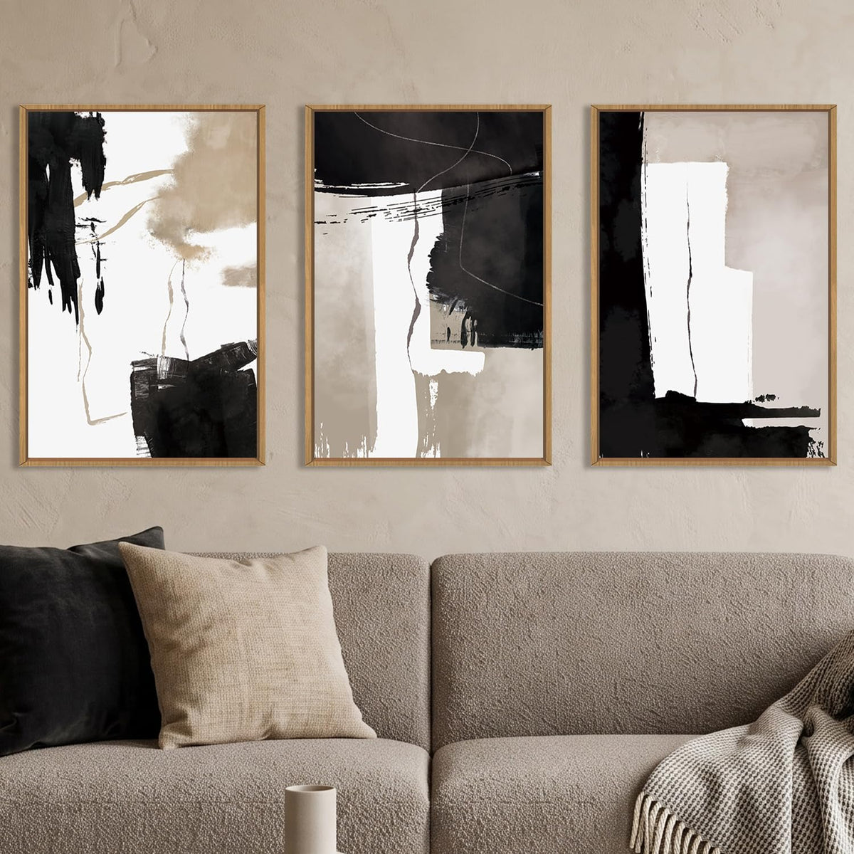 Abstract Black White Brown Framed Canvas Wall Art Set (Black and Brown Wall Art / 16"L x 24"W)