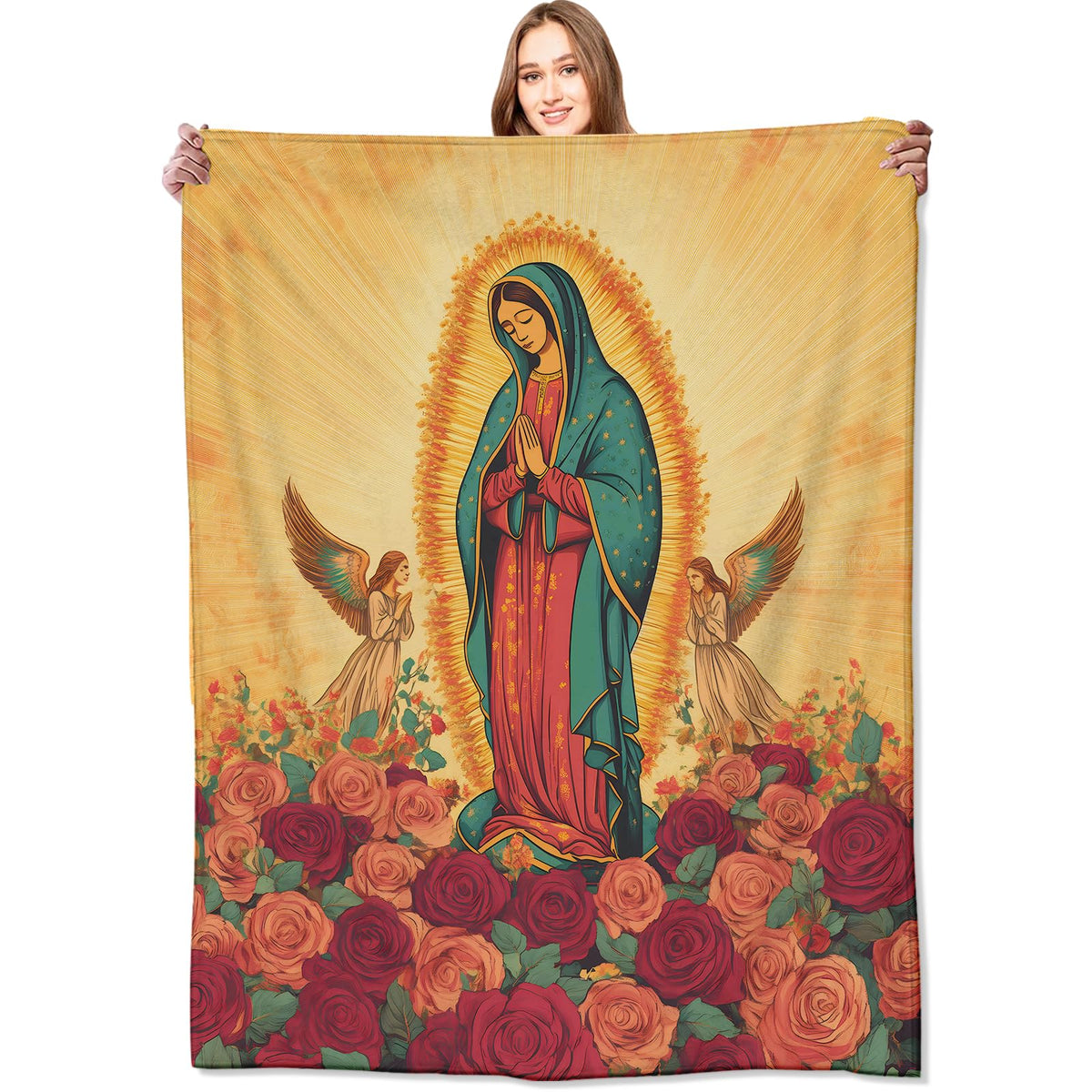 Virgin Mary with Rose Blanket Our Lady of Guadalupe Retro Throw Blankets (60x80in / Virgin Mary)