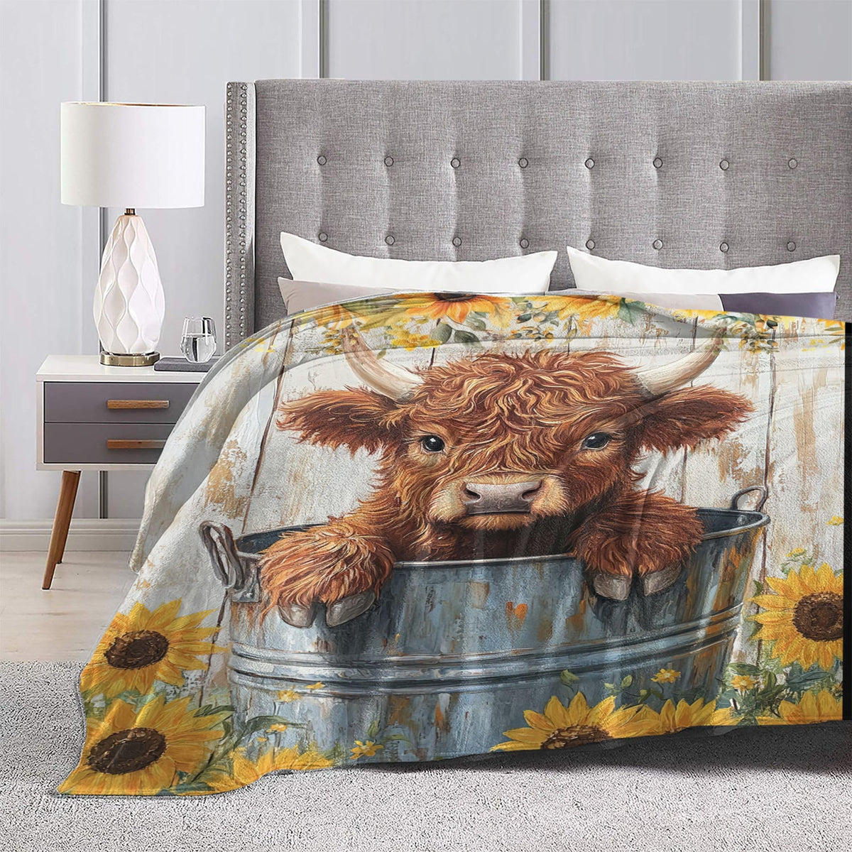 Highland Cow Fleece Blanket Farmhouse Sunflower Gifts Room Decor 40"x50" (Highland Cow / 40"X50")